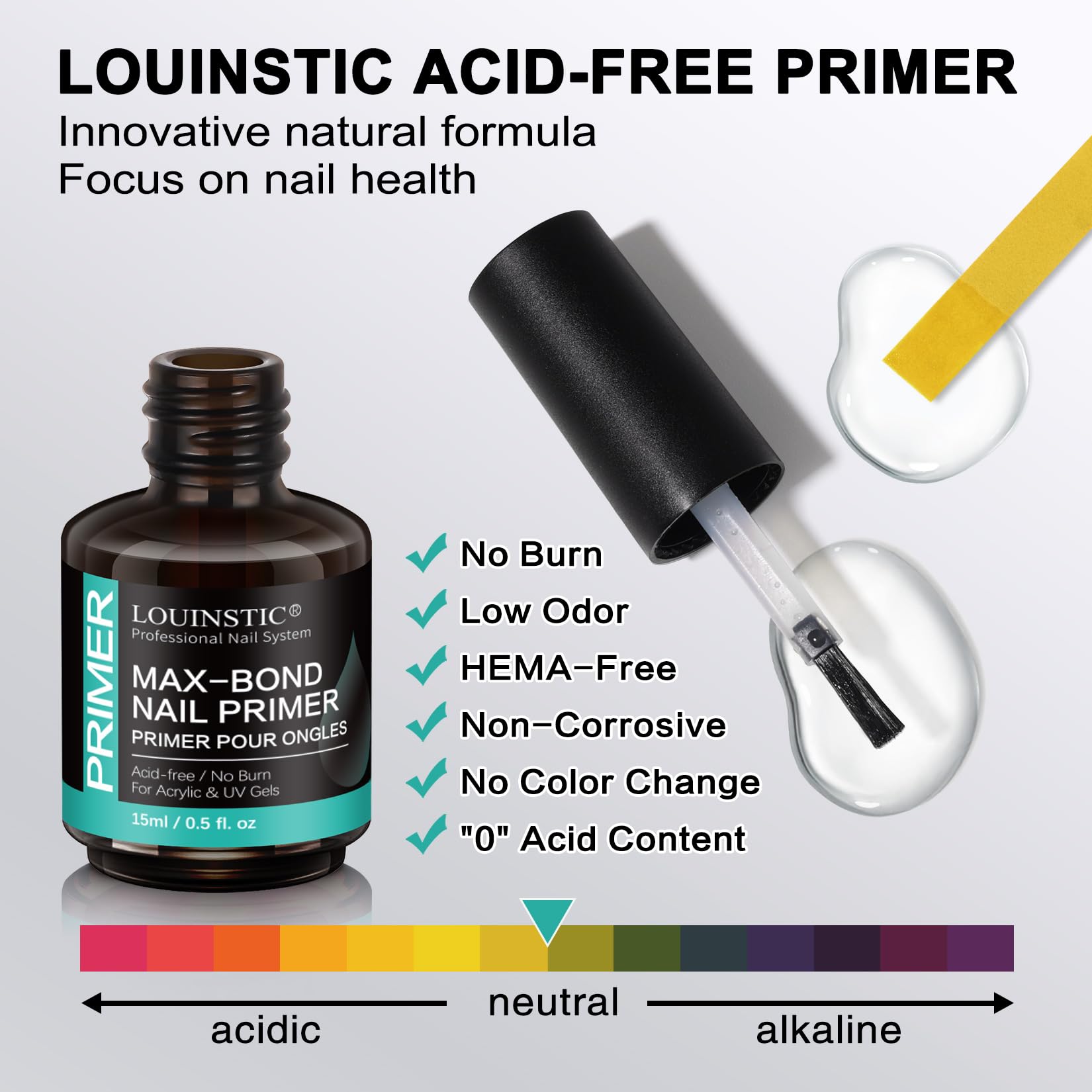 LOUINSTIC acid free bond primer bottle next to an acrylic manicure set