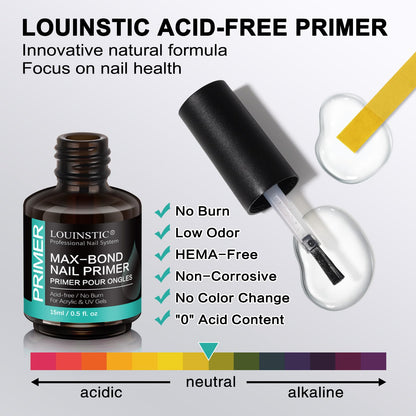 LOUINSTIC acid free bond primer bottle next to an acrylic manicure set
