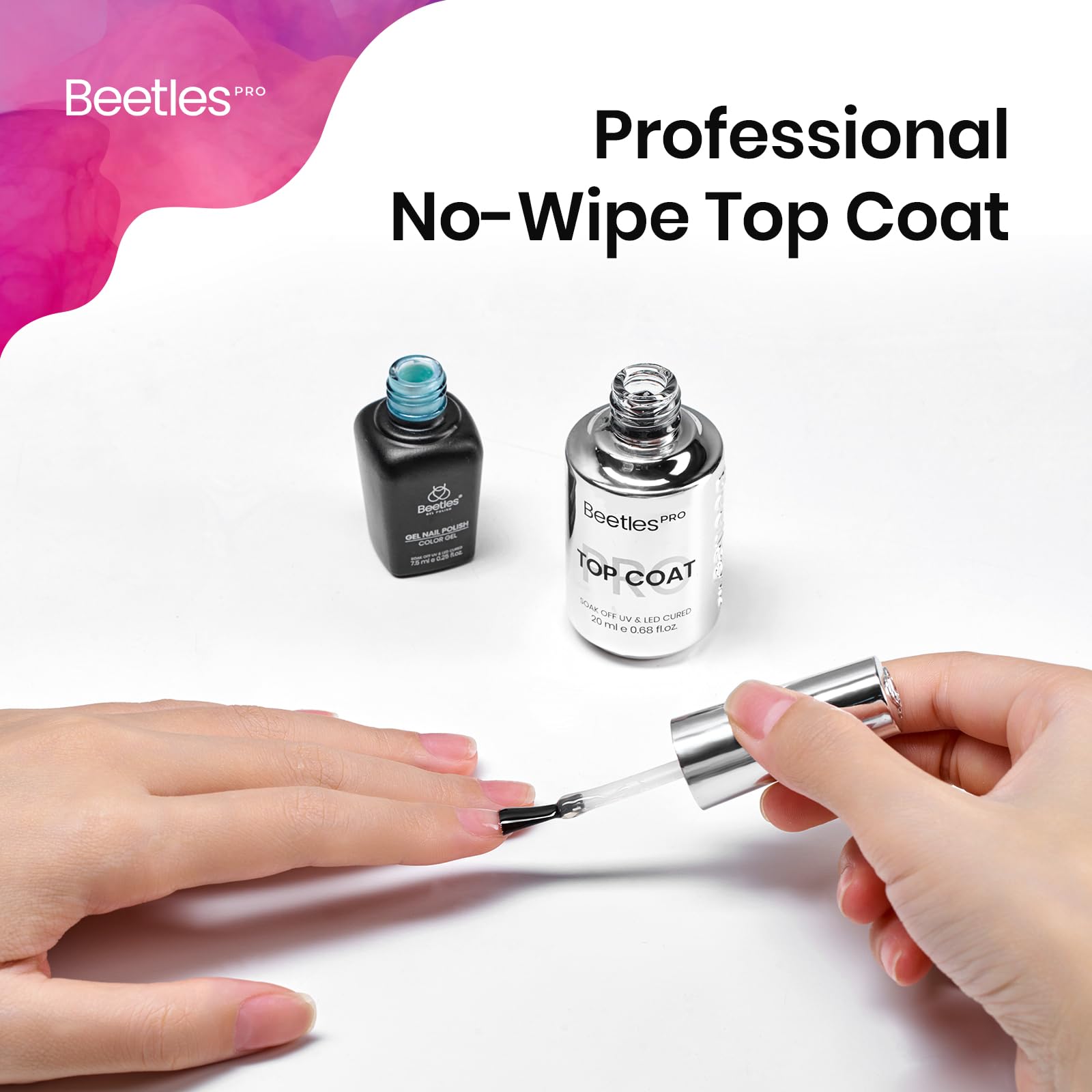 Professional shiny finish gel top coat bottle highlighting twenty eight day durability