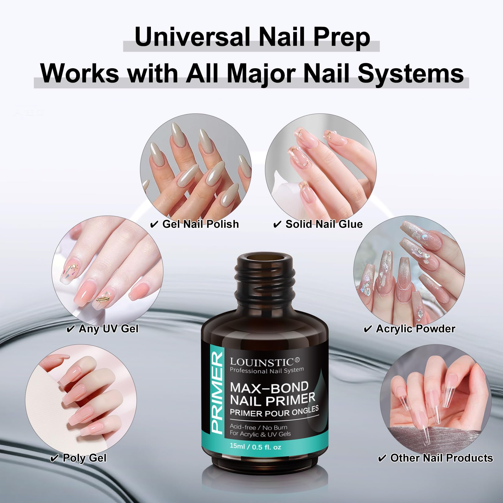 Clear liquid consistency of acid free nail prep primer being applied with brush