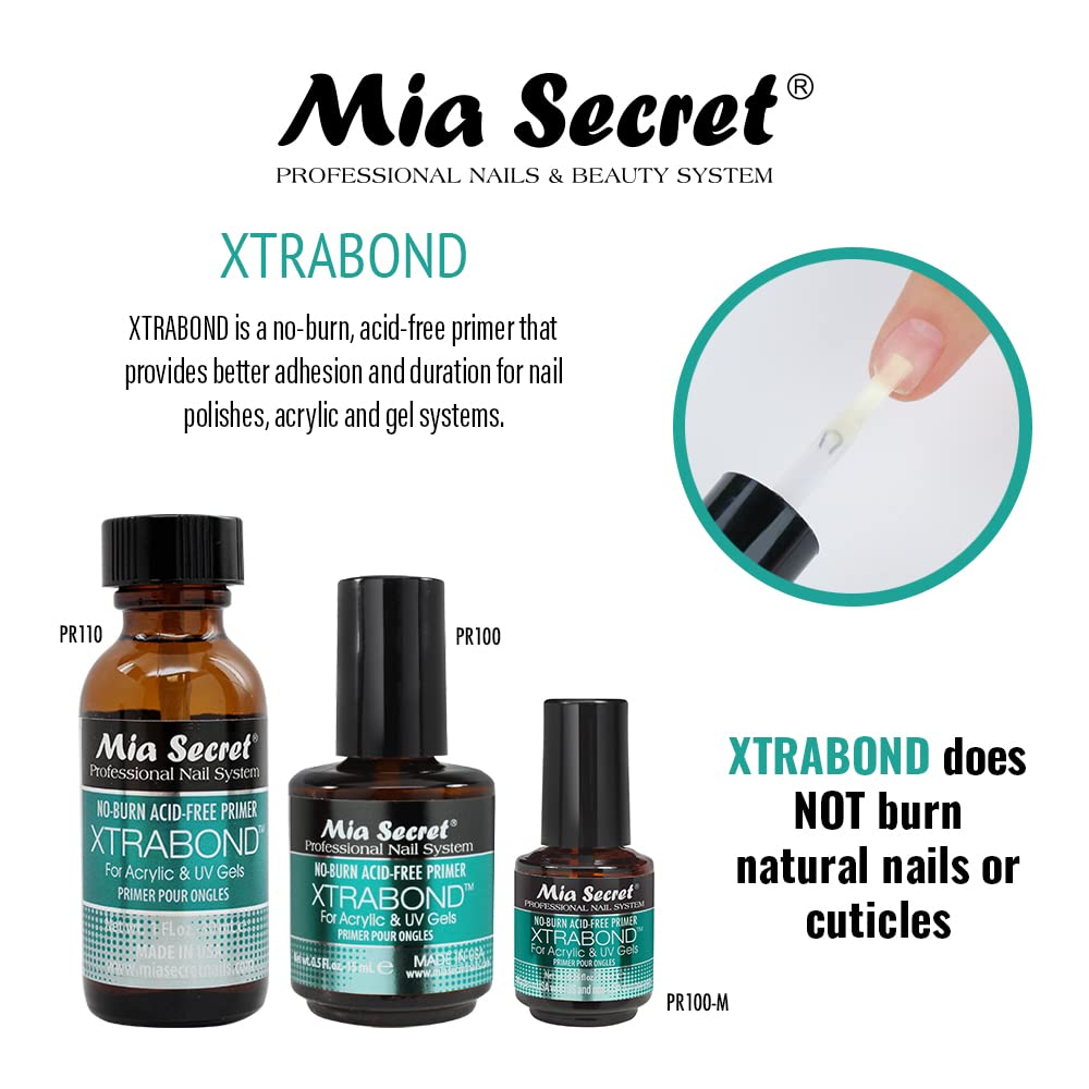 Mia Secret xtrabond no burn acid free nail primer bottle showcasing professional fluid ounce size