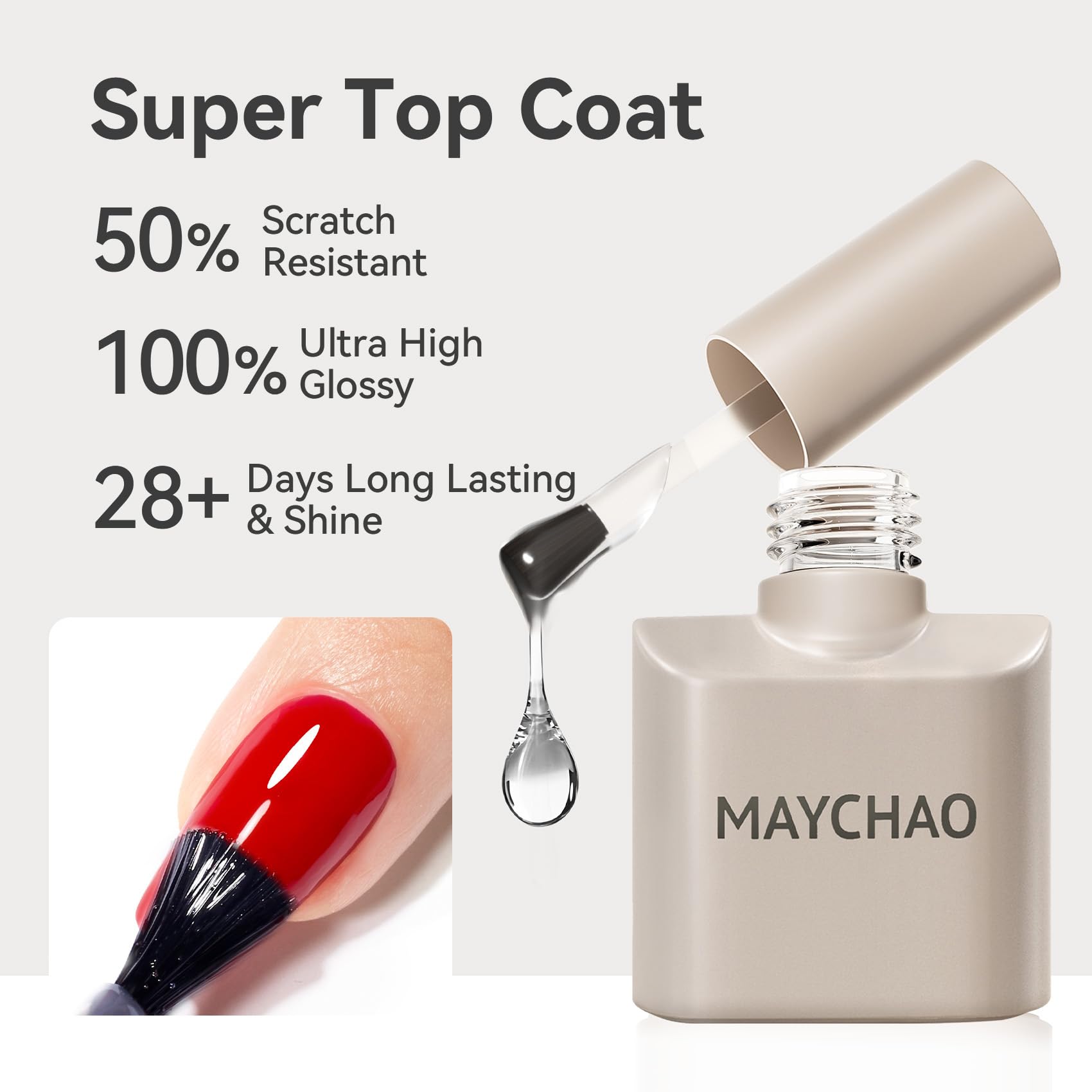 Close up view of manicured gel nails sealed with the protective MAYCHAO mirror shine top coat layer