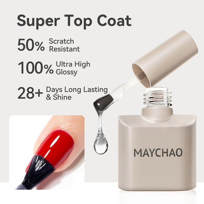 Close up view of manicured gel nails sealed with the protective MAYCHAO mirror shine top coat layer