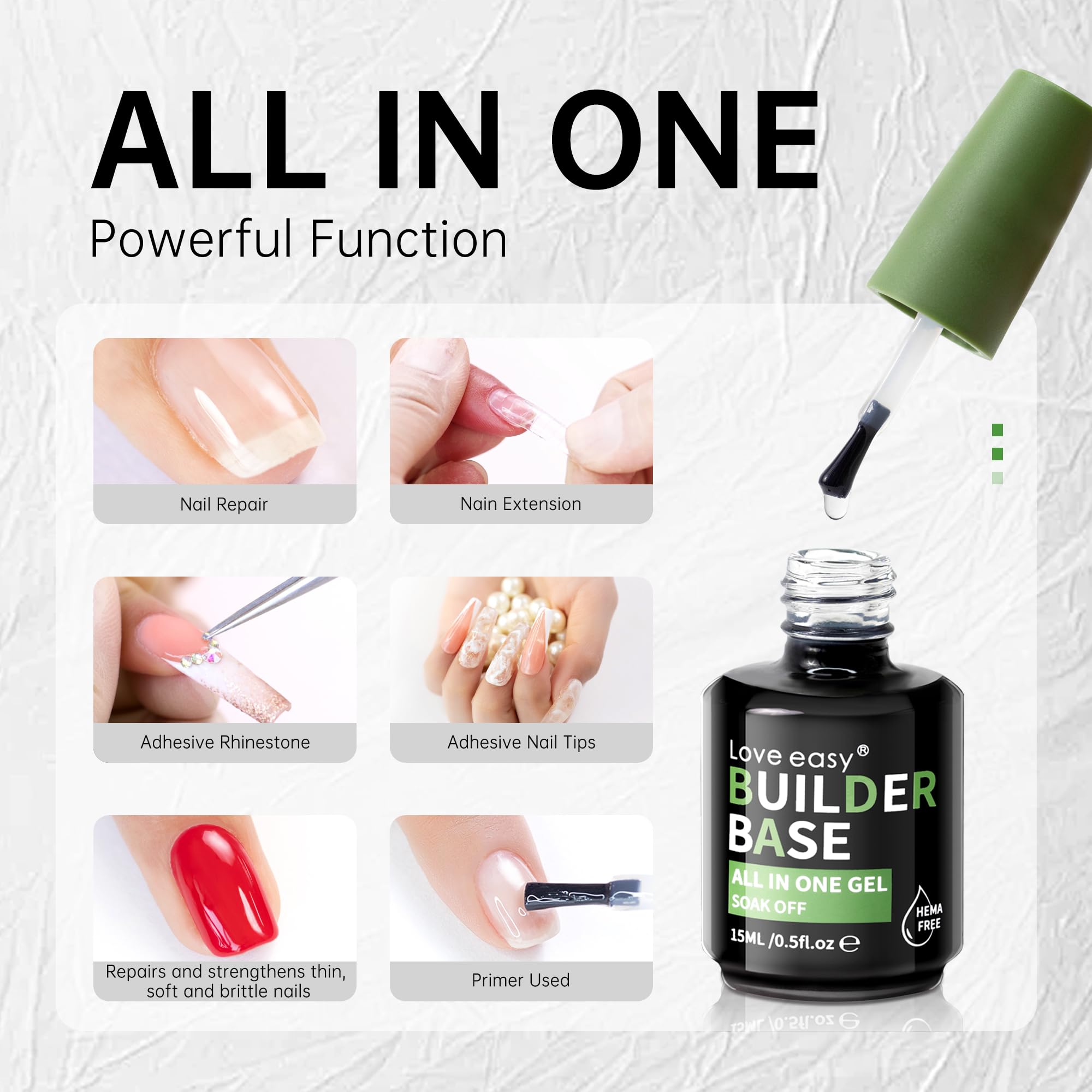 Love Easy hypoallergenic nail gel bottles showcasing the product label detailing the HEMA-free skin friendly formula