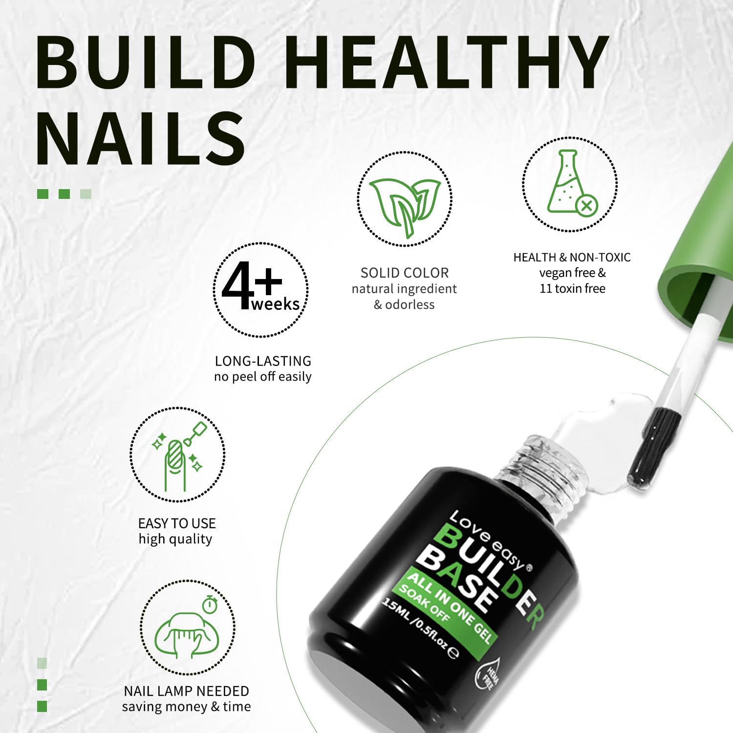Love Easy no wipe top coat bottle alongside a cured high gloss gel manicure illustrating long lasting mirror shine