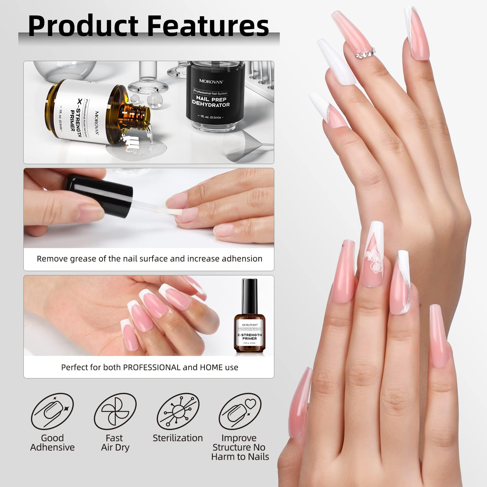 Morovan acid free nail primer and dehydrator bottles showing professional salon packaging