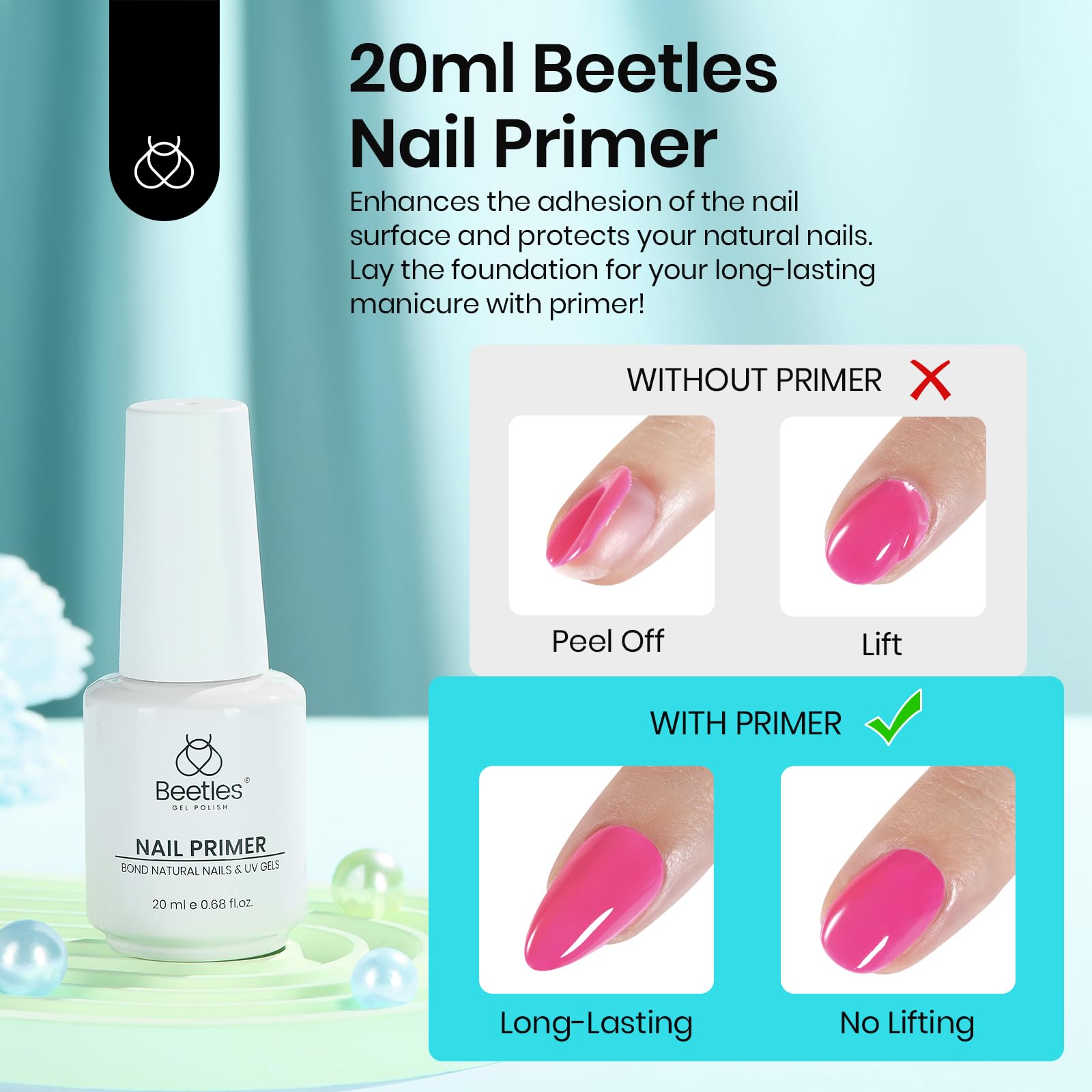 Beetles Hema free nail bond primer demonstrating the short bristle precision brush application.