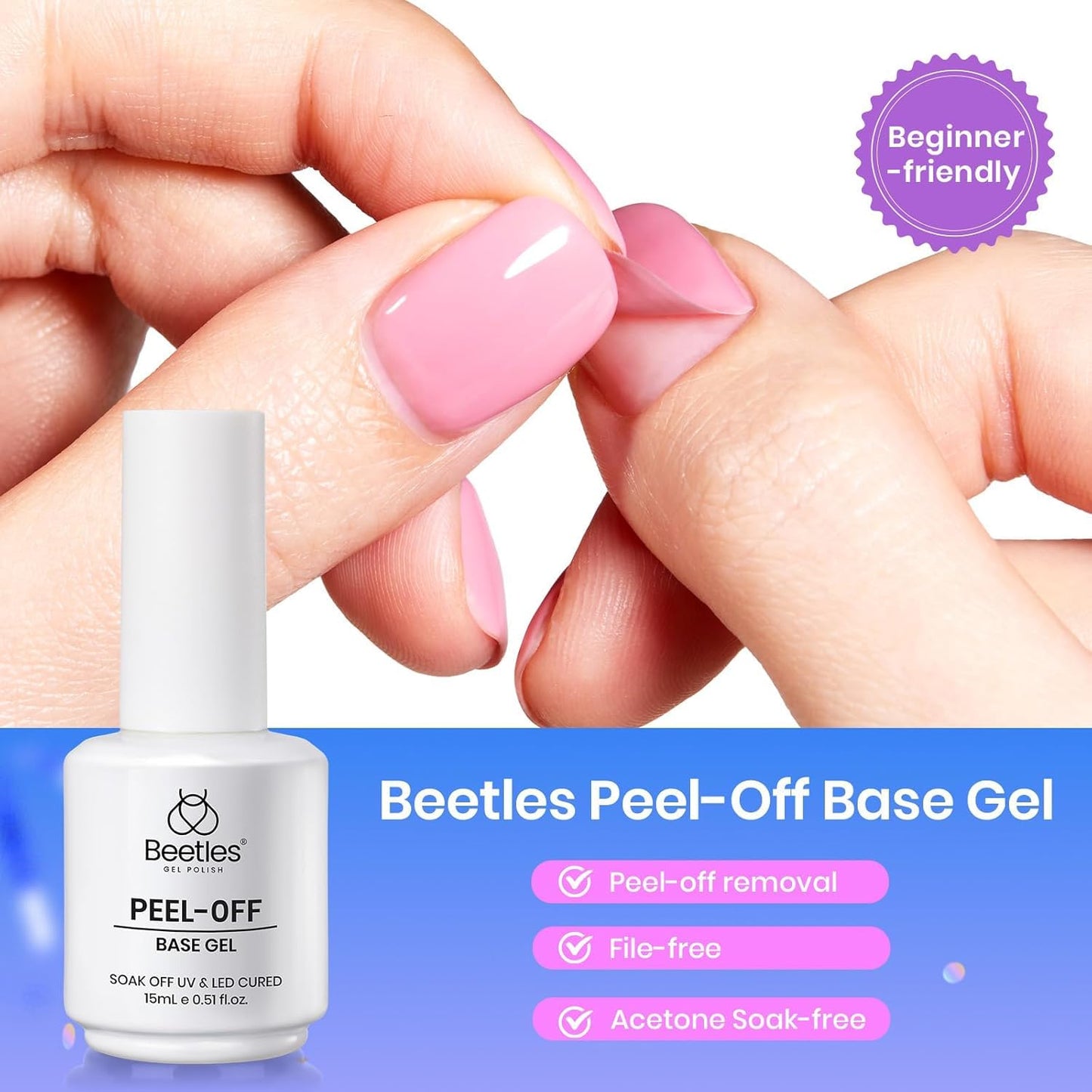 Authentic Beetles imported gel base coat bottle displaying product benefits and size.