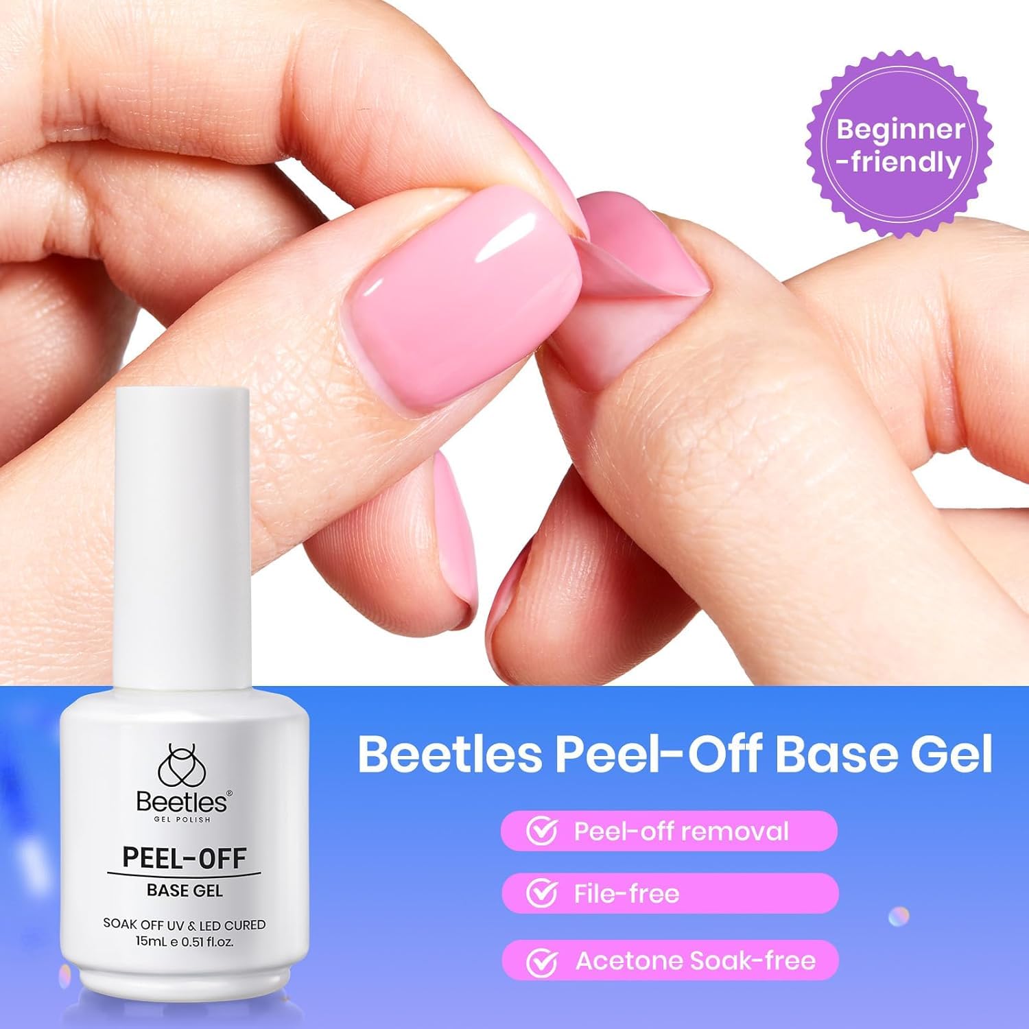 Authentic Beetles imported gel base coat bottle displaying product benefits and size.