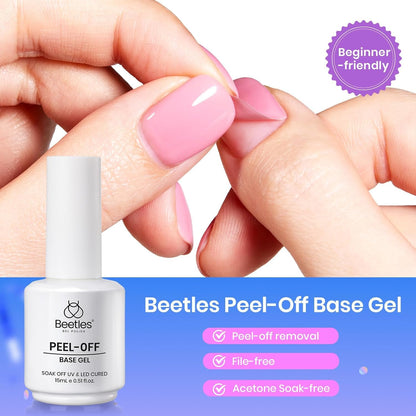Authentic Beetles imported gel base coat bottle displaying product benefits and size.