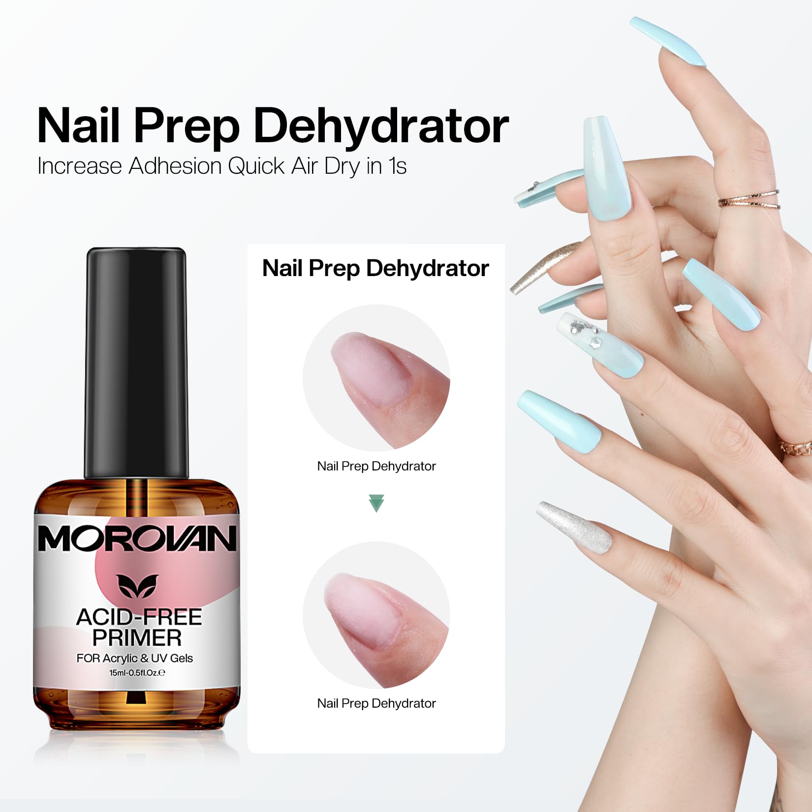 Close up of the brush applicator inside the acid free bonder bottle for precise nail prep.