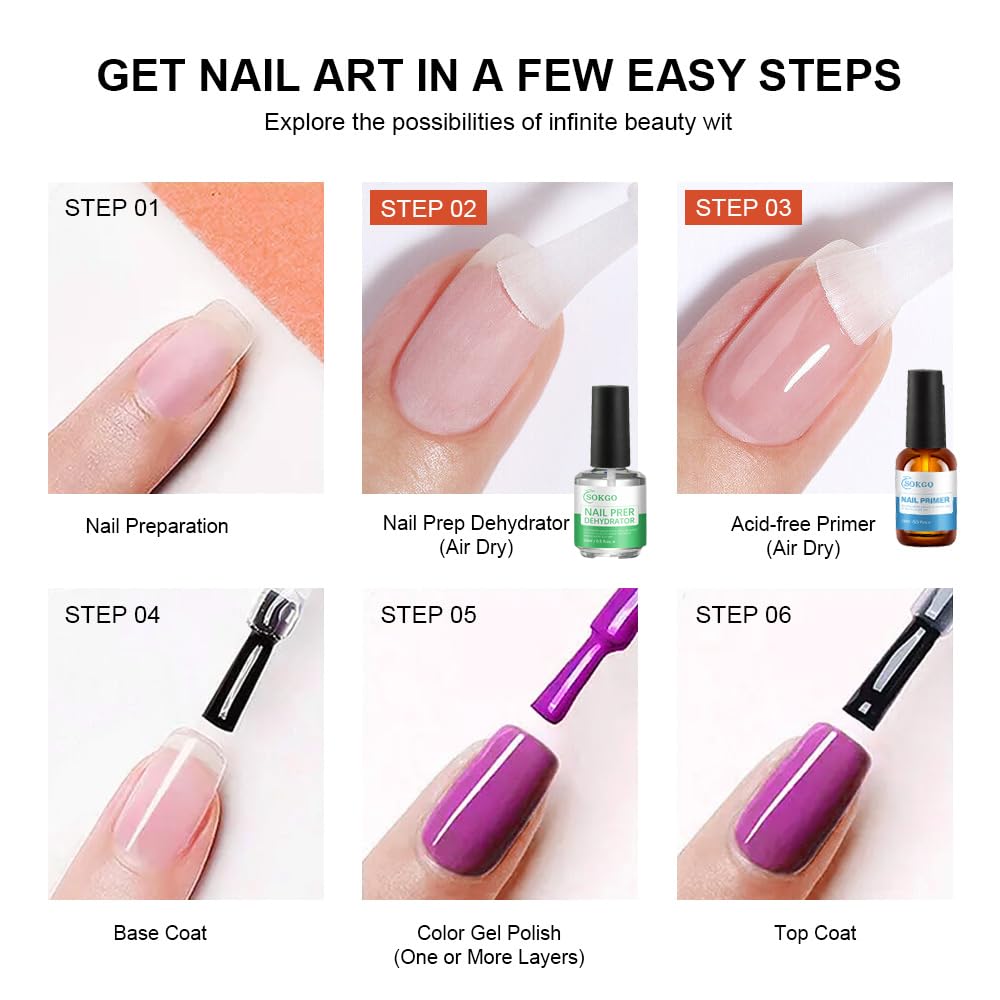 Sokgo nail preparation liquids demonstrating the step by step process for long lasting manicures.