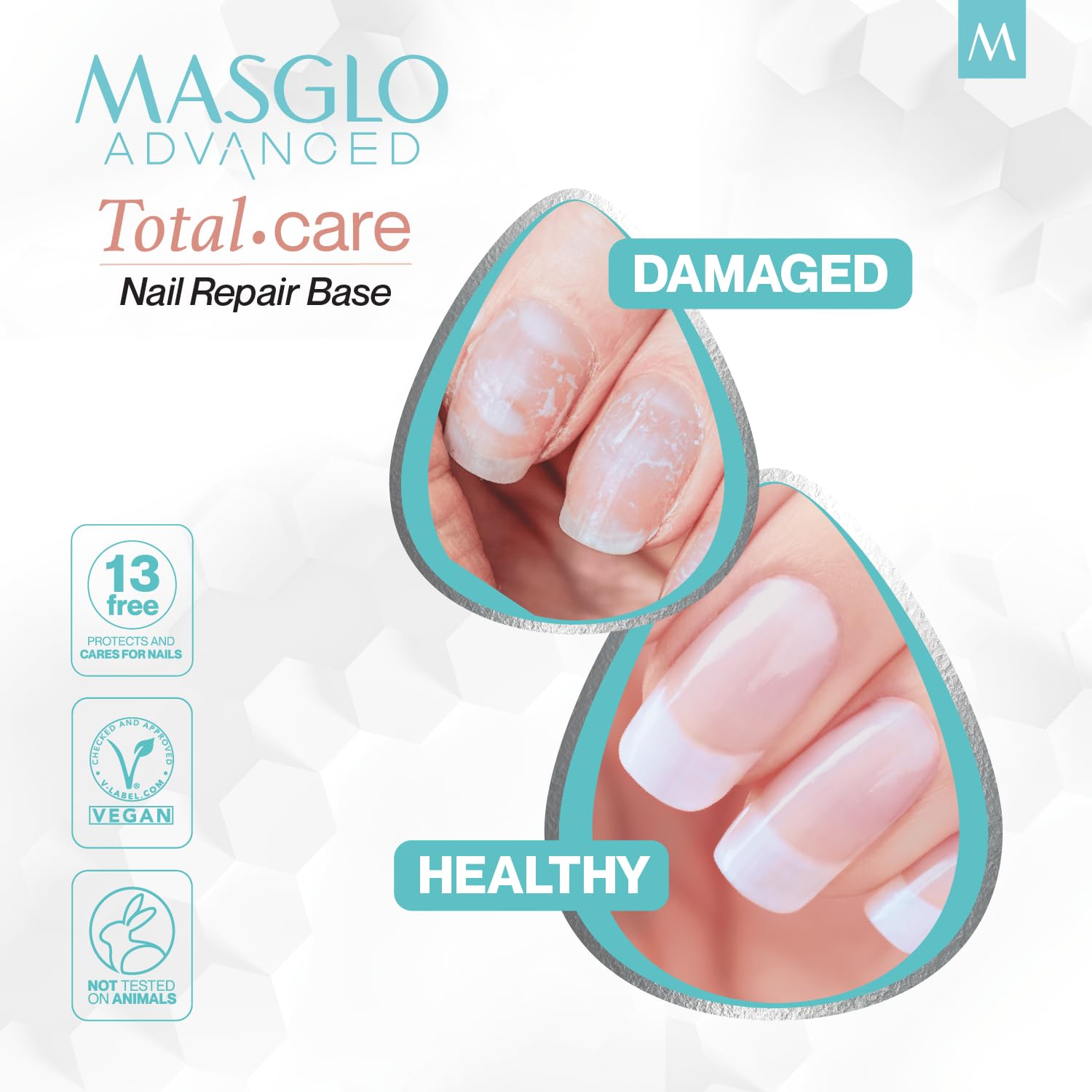 MASGLO clinical pink base coat bottle displaying the tea tree oil ingredient label.