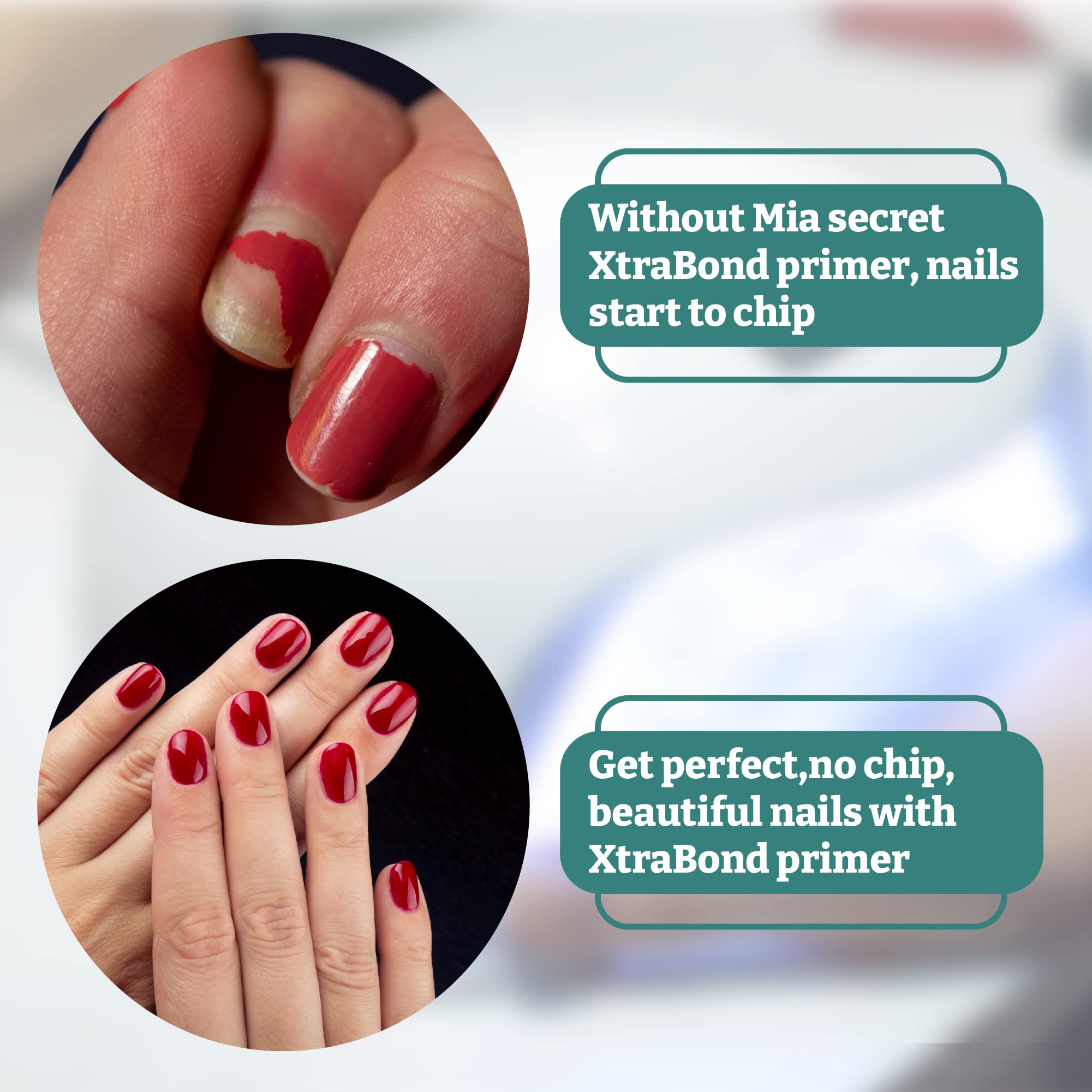 Close-up view of the Mia Secret professional nail enhancement primer product labels and details.