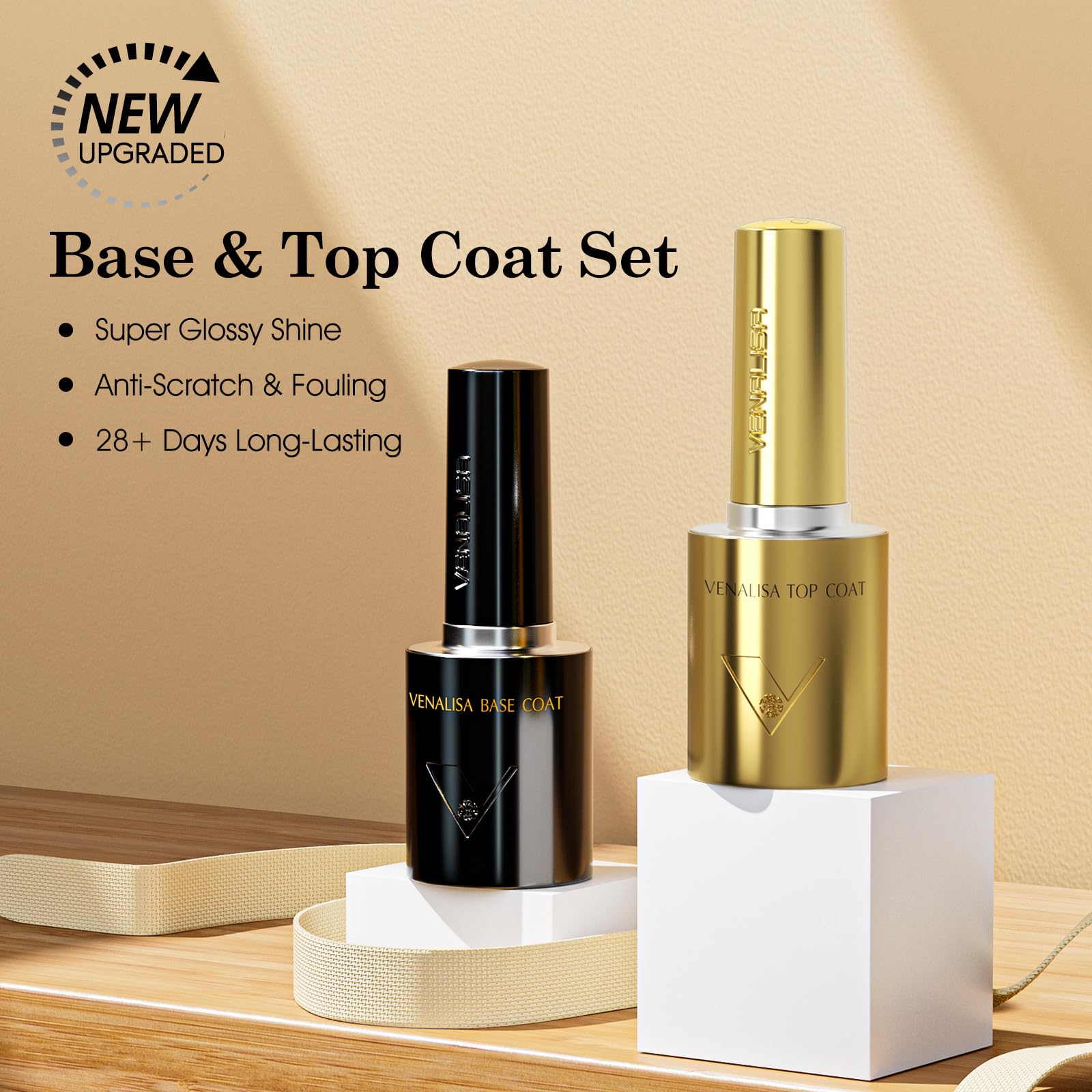 Glossy top coat and base coat ten milliliter set showing authentic branding labels