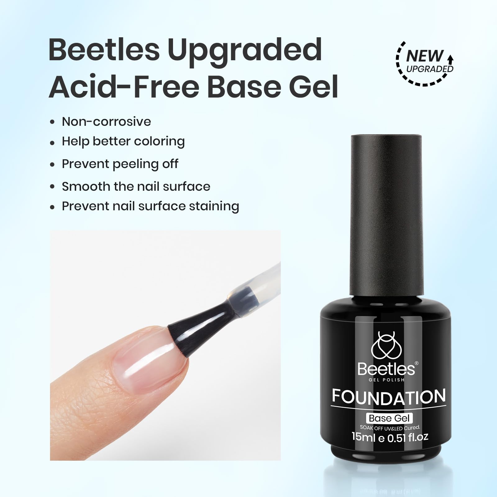 Beetles foundation gel bottle next to an LED lamp showing curing process