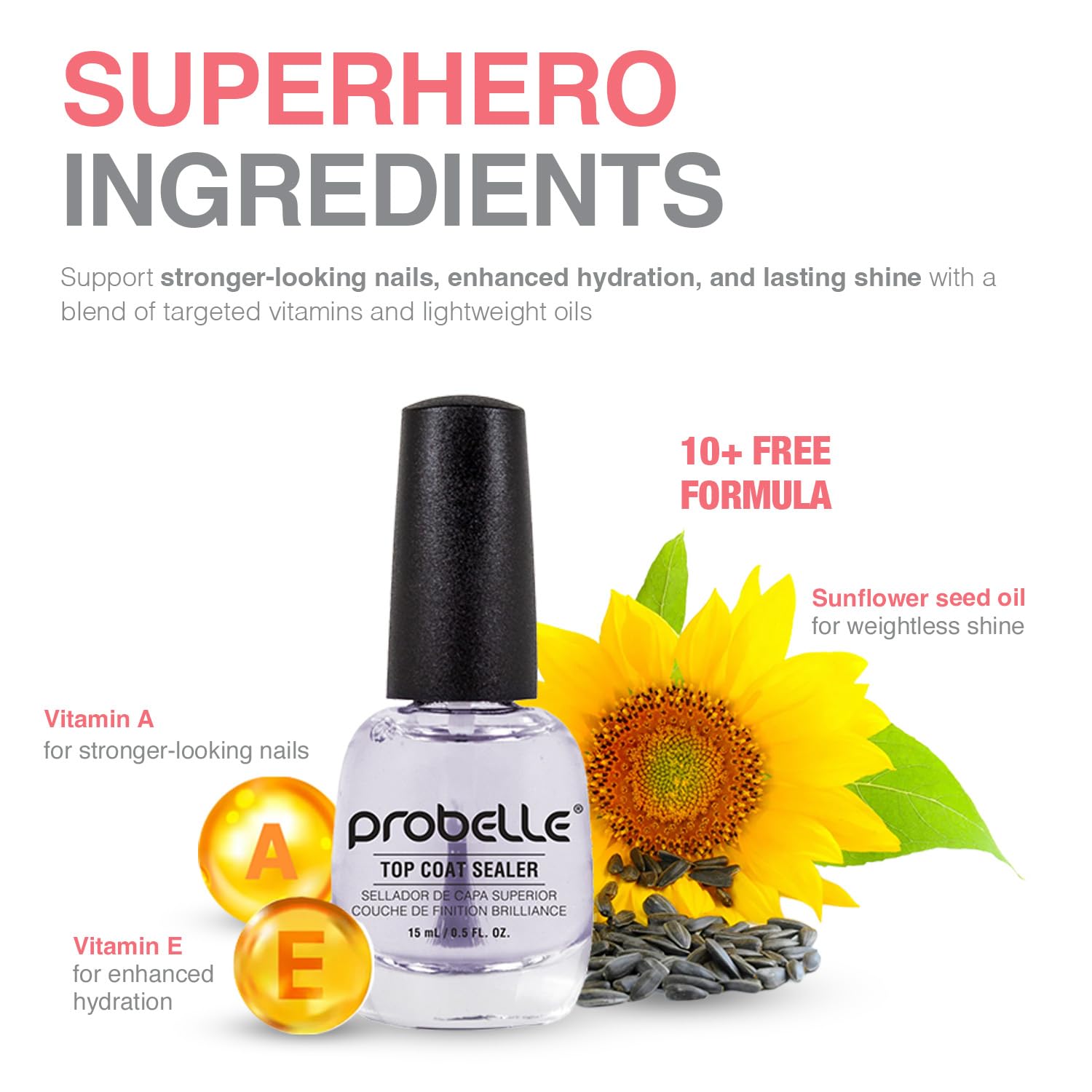 Probelle quick dry nail polish top coat bottle displaying clear formula fluid volume