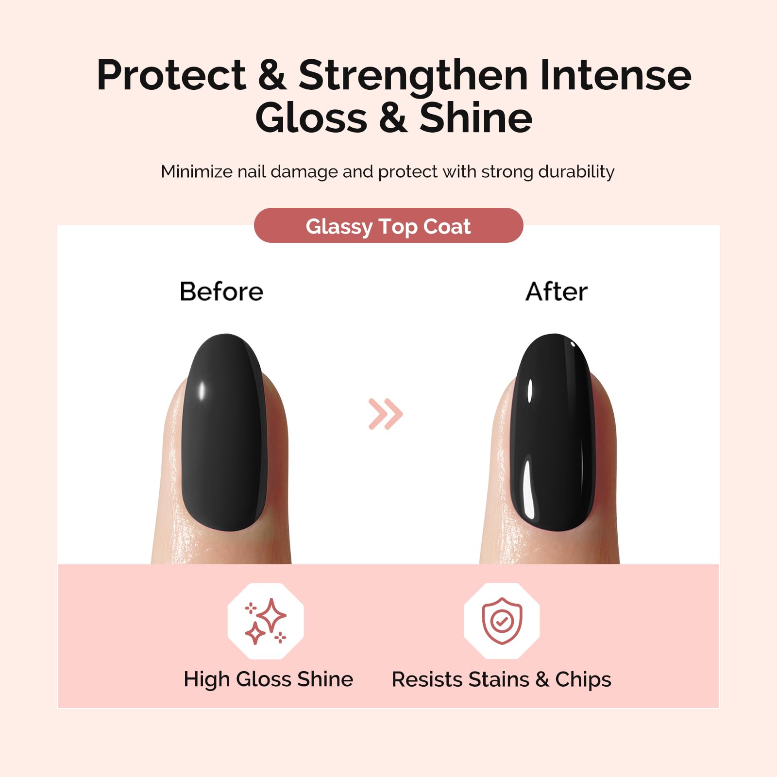 No wipe glossy gel polish top coat being applied to manicured fingernails