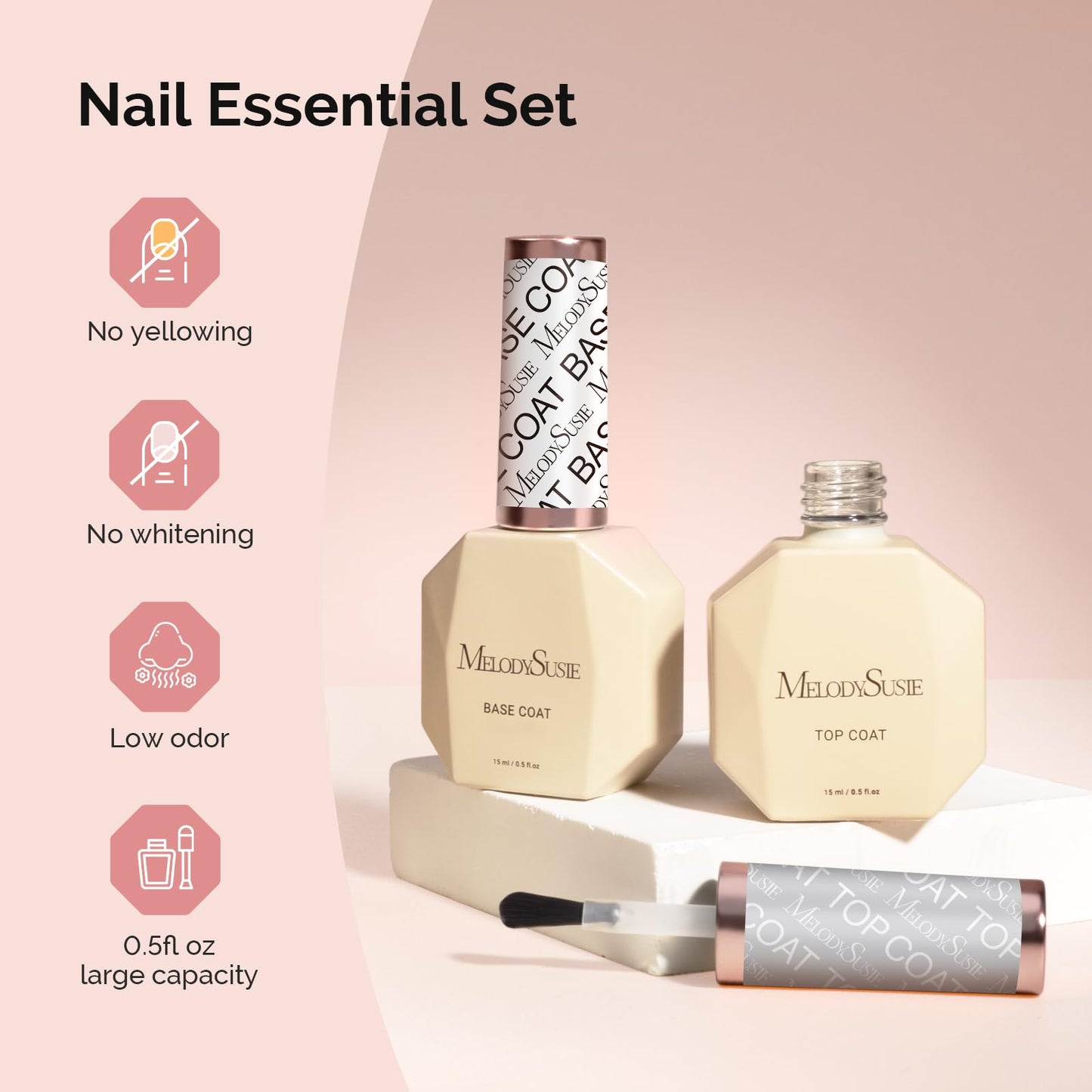 Clear gel top coat bottle placed under a professional UV LED nail lamp