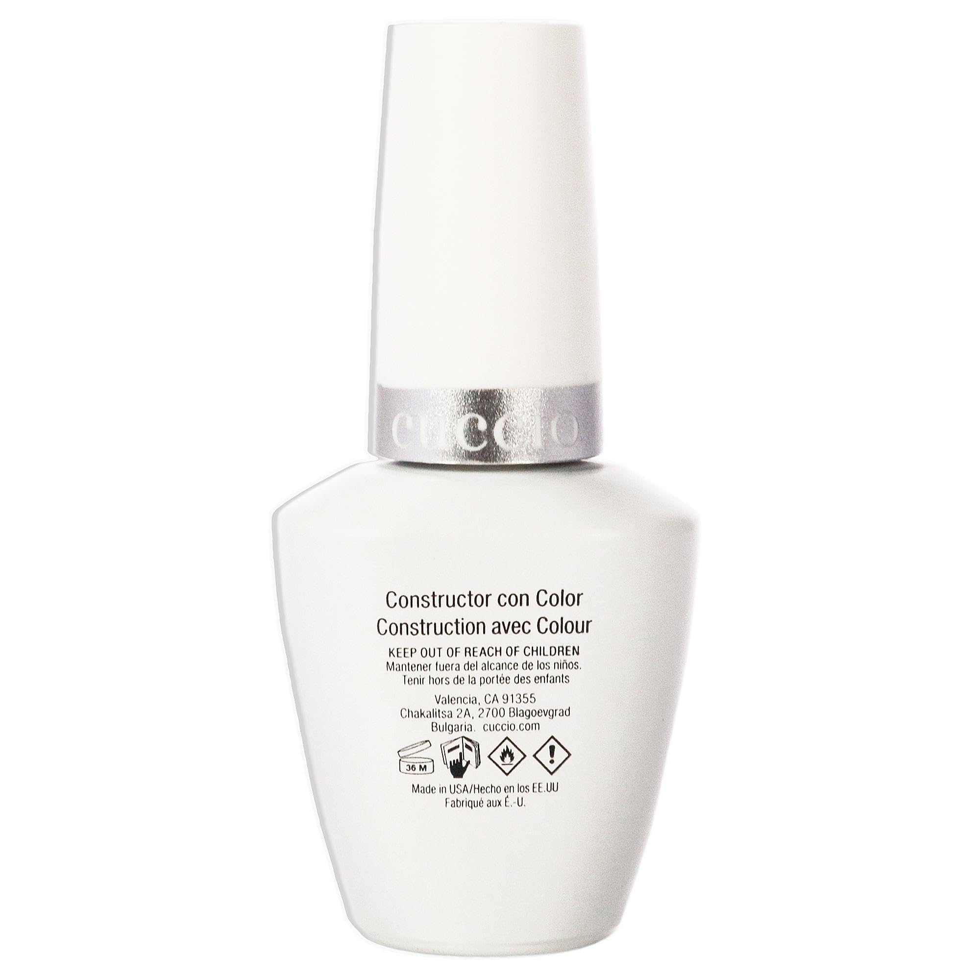 Cuccio self leveling builder gel bottle showing nail application brush