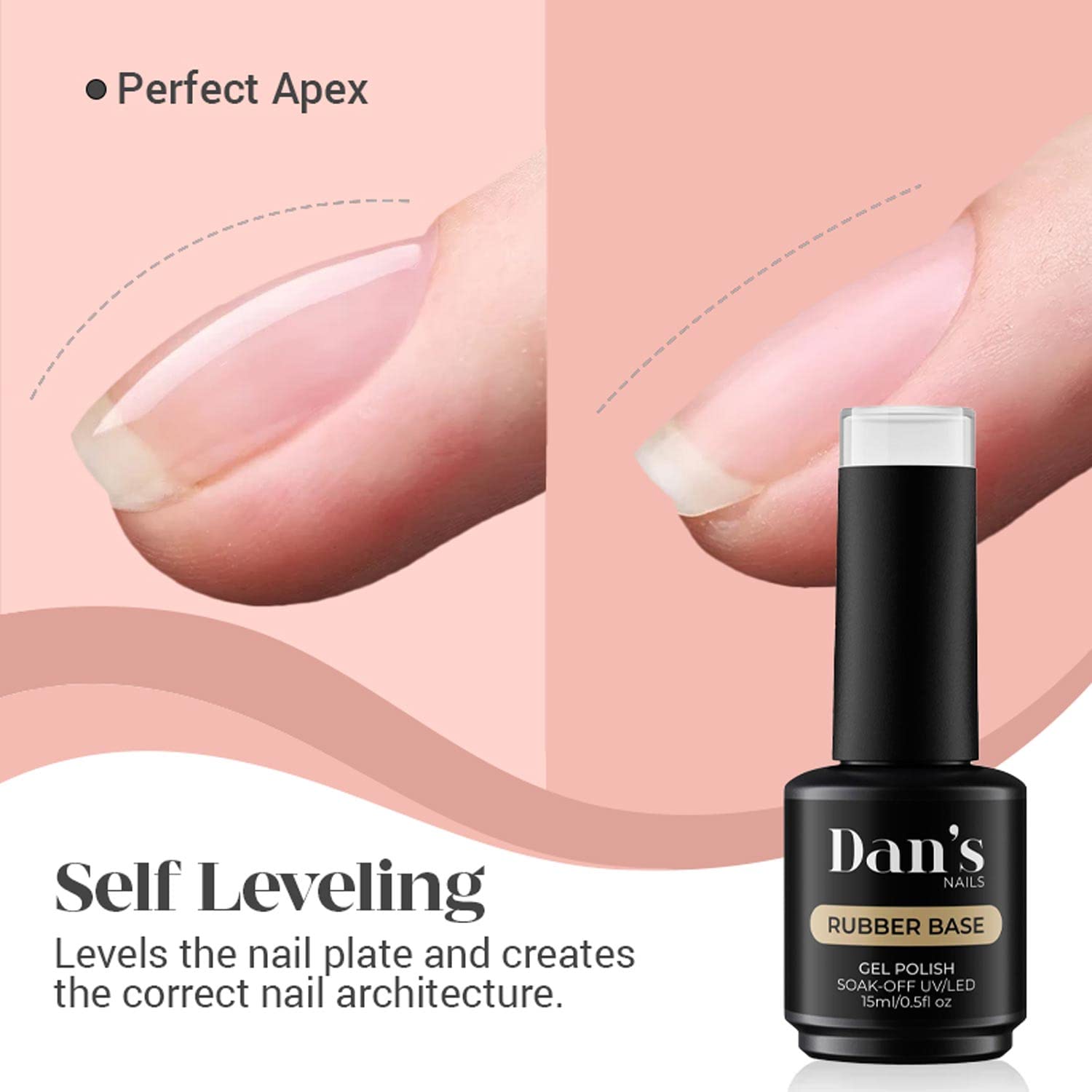 Dans Nails rubber base gel coat applied on natural nails showcasing the self leveling apex building effect.