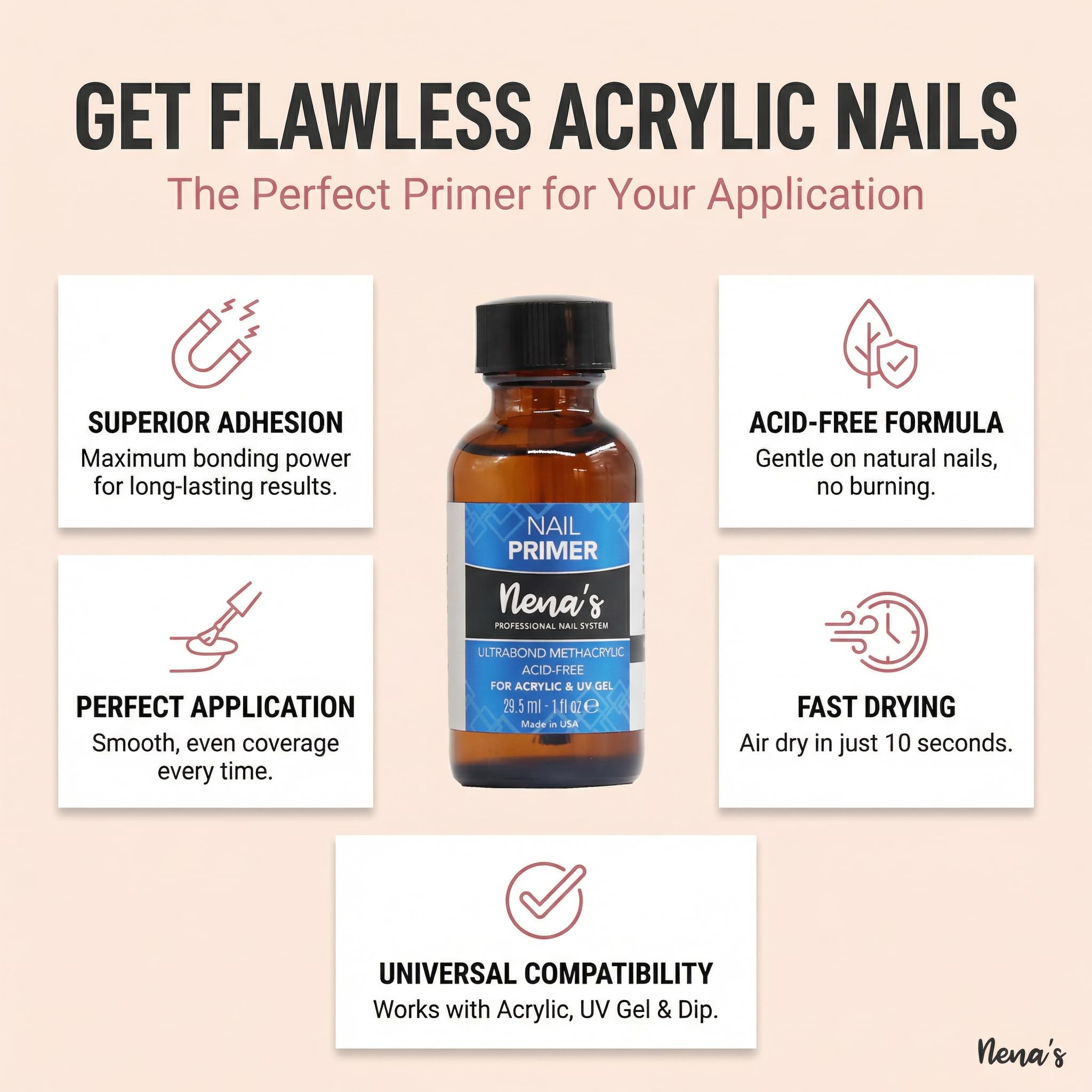 Nena's professional nail system acid free liquid primer container on plain background