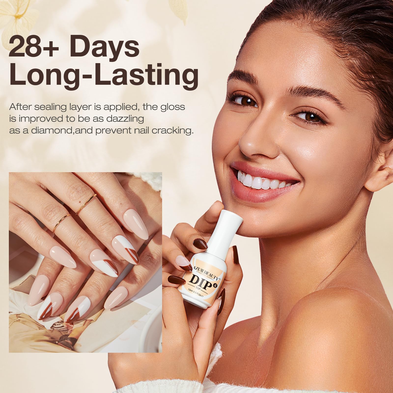 Eight piece acrylic dip nail manicure kit with fifteen milliliter liquid bottles and replacement application brushes
