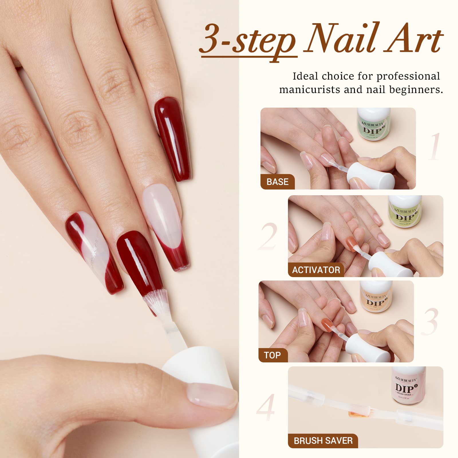 Authentic USA imported professional nail art liquid kit containing base top activator and brush saver fluid