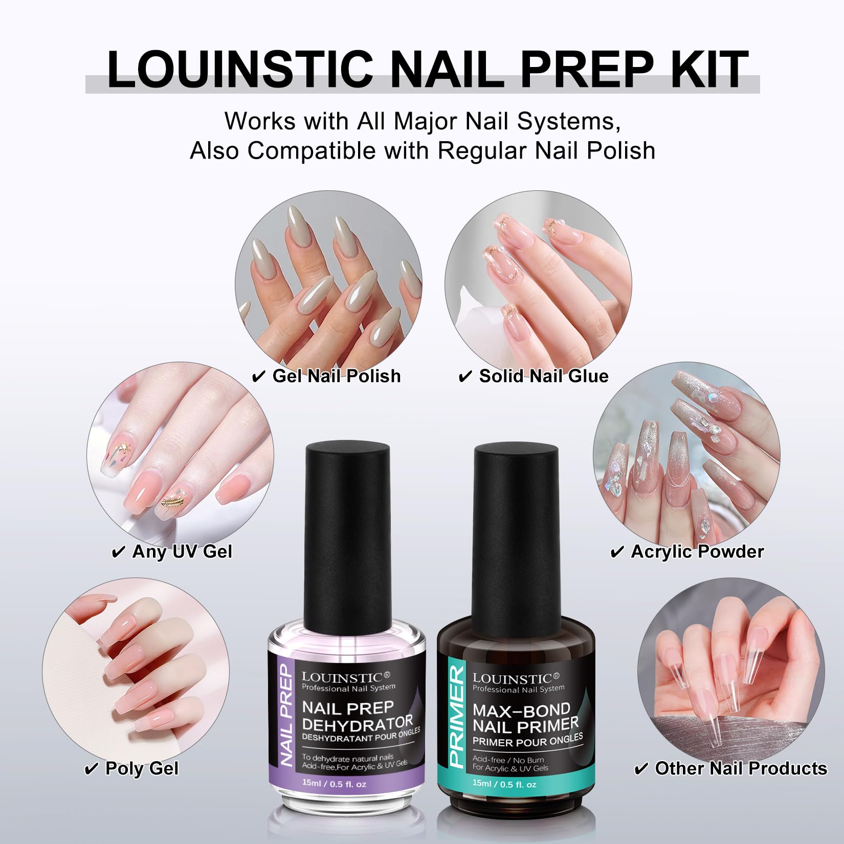 LOUINSTIC acid free primer being applied to prepped nails showing the precision brush design