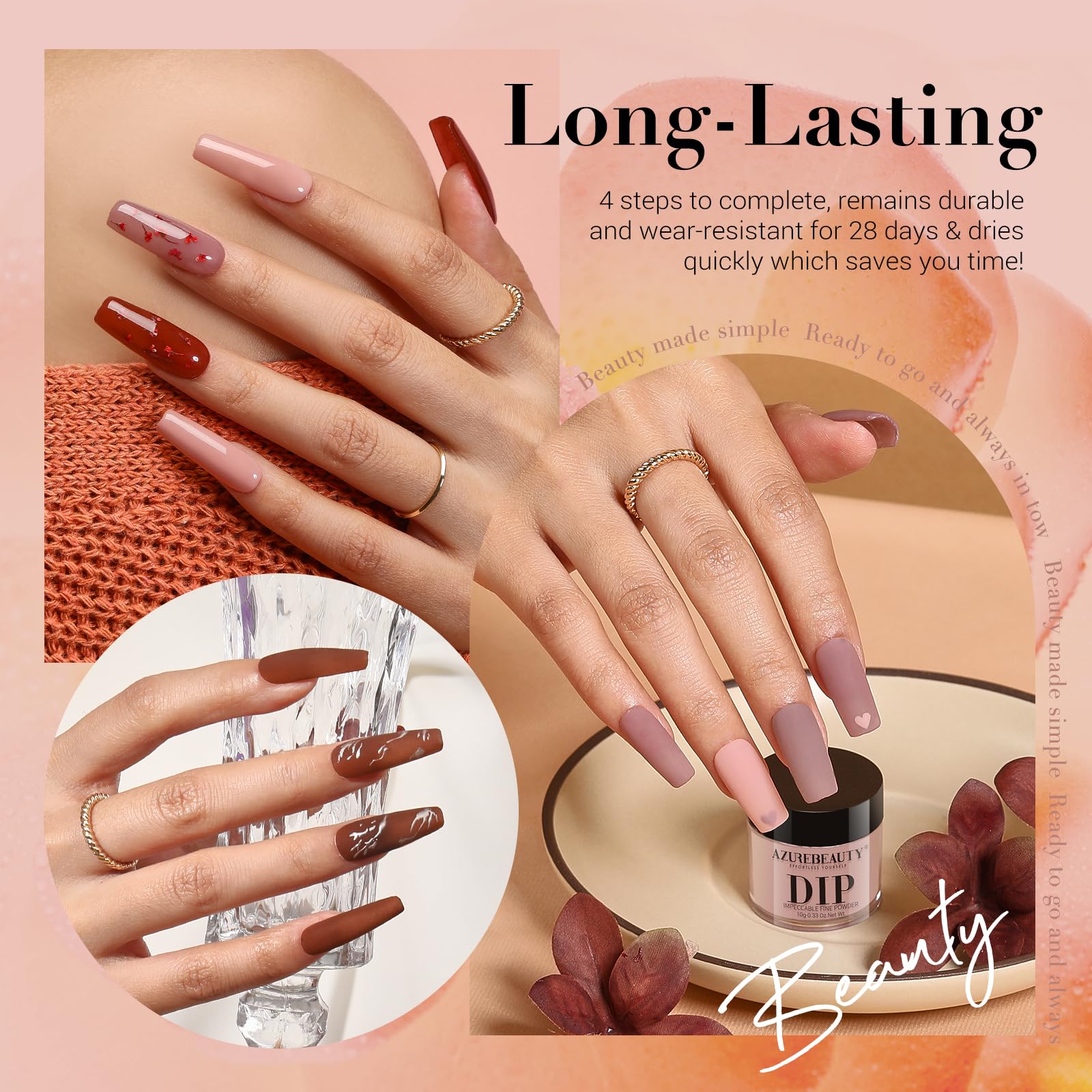 Four jars of AZUREBEAUTY dipping powder in nude, brown, and grey shades arranged with real dried flower details.
