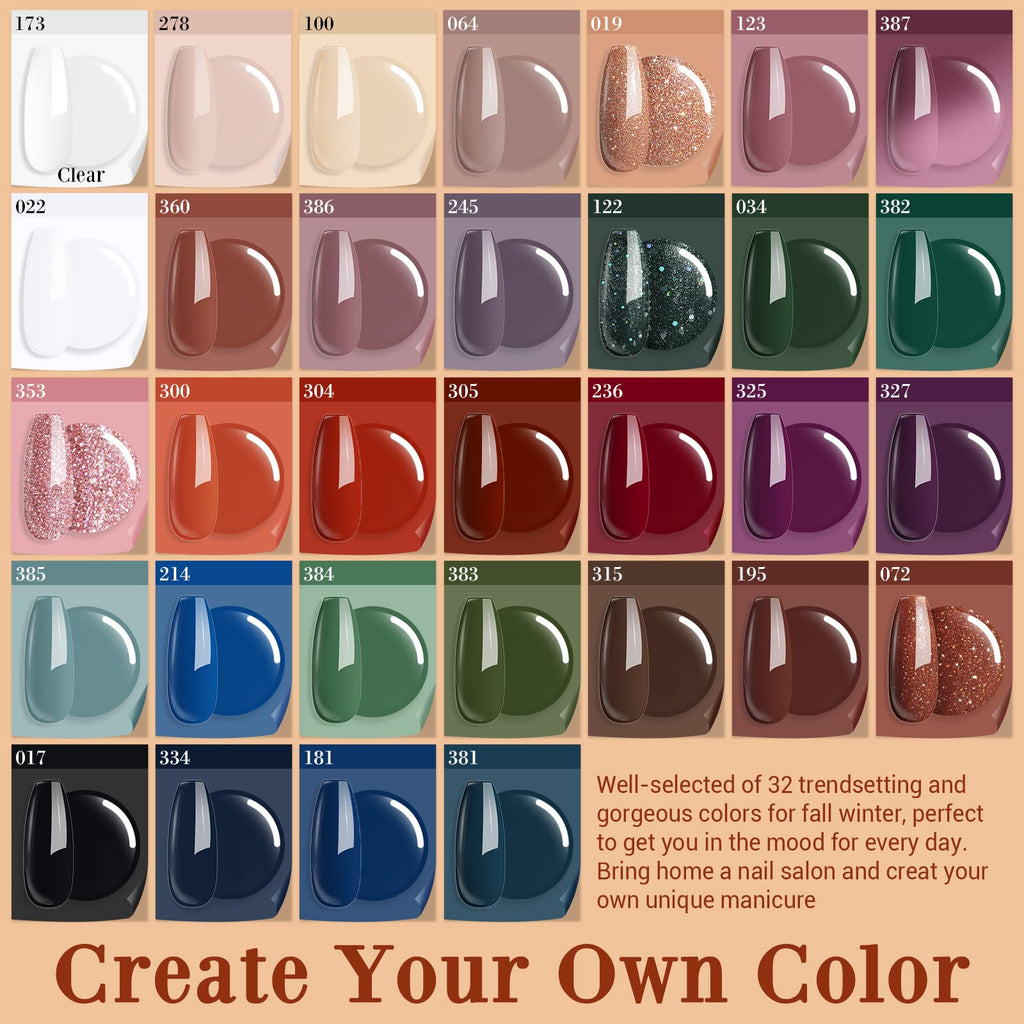 Swatch display of autumn-themed nail dipping powder shades.