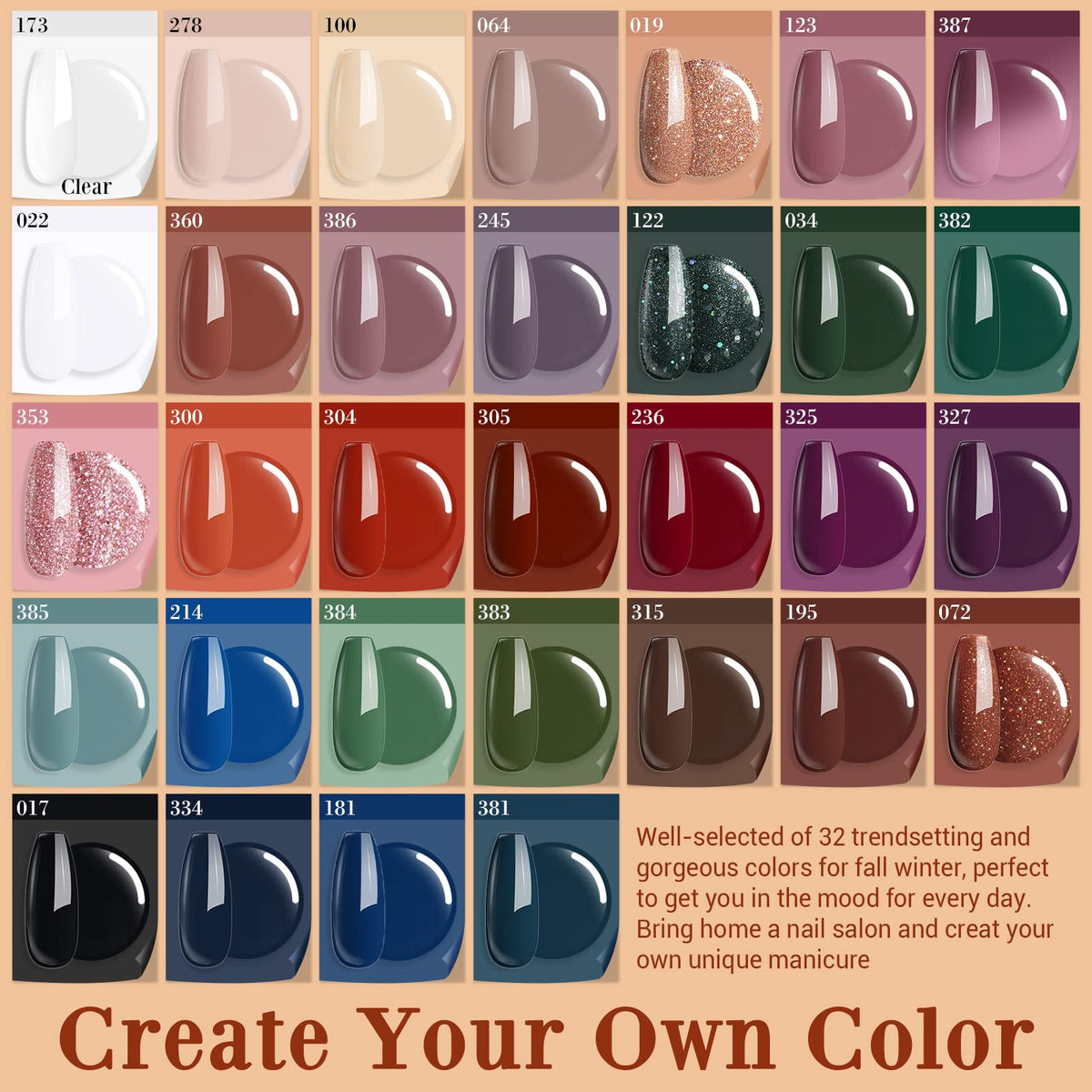Swatch display of autumn-themed nail dipping powder shades.