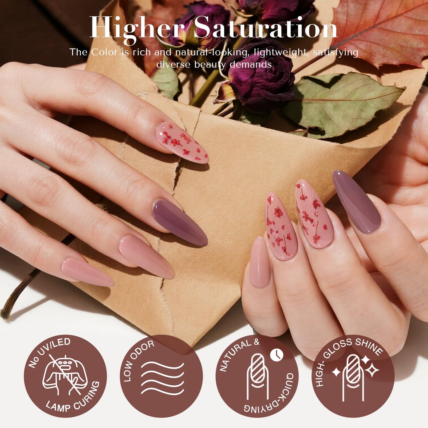 Nude and dark brown dip powder swatches alongside the dried flower nail art elements.