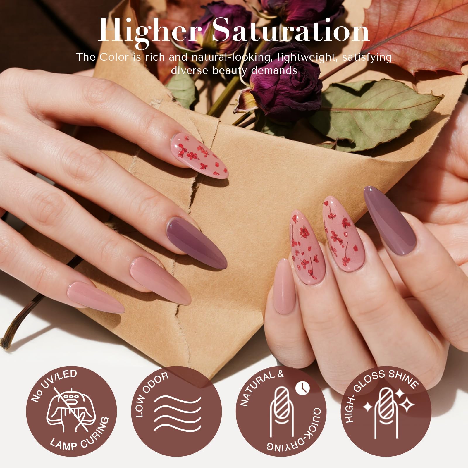 Nude and dark brown dip powder swatches alongside the dried flower nail art elements.