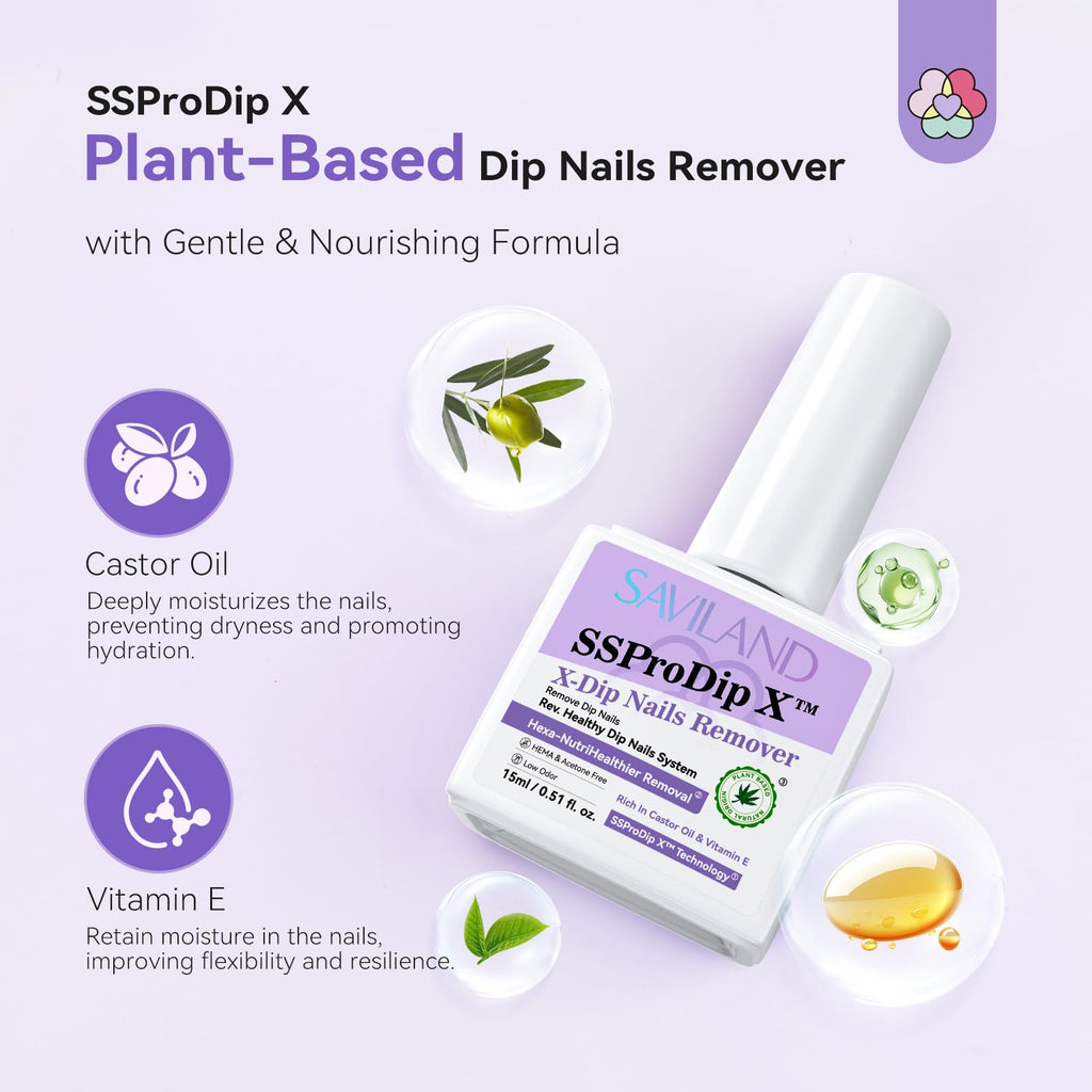 Saviland dip powder remover bottle with purple label