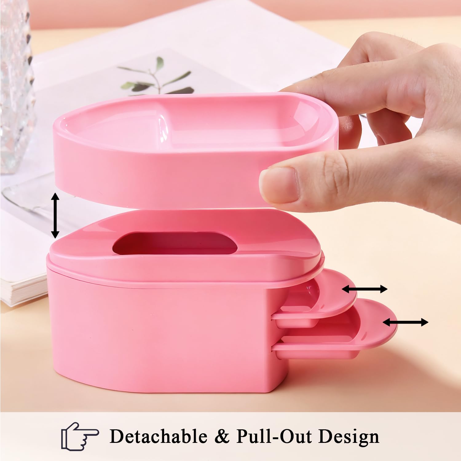 Pink manicure tool kit detailing the storage tray base and the funnel corners designed for pouring powder.