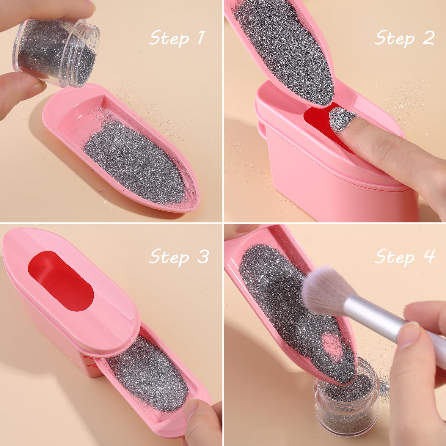 Top view of the pink 2-in-1 dip tray demonstrating how sequins and caviar beads are organized.