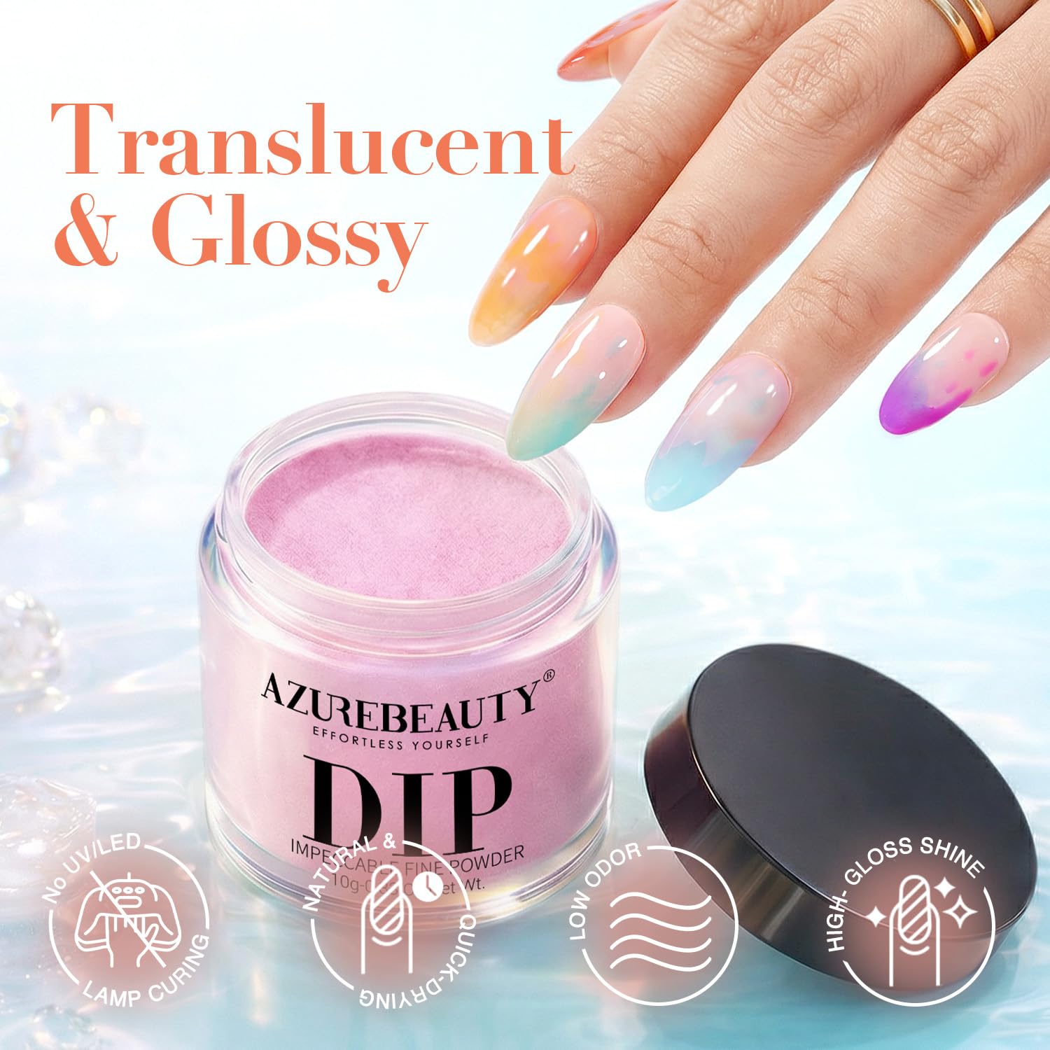 The AZUREBEAUTY dip recycling tray being used to catch fine acrylic powder during a French manicure application.