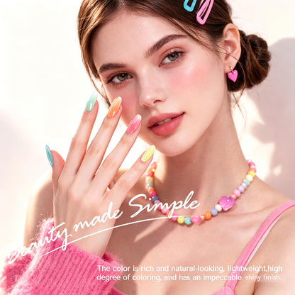 Finished salon-style glossy manicure showcasing the long-lasting brown and nude glitter colors on shaped nails.