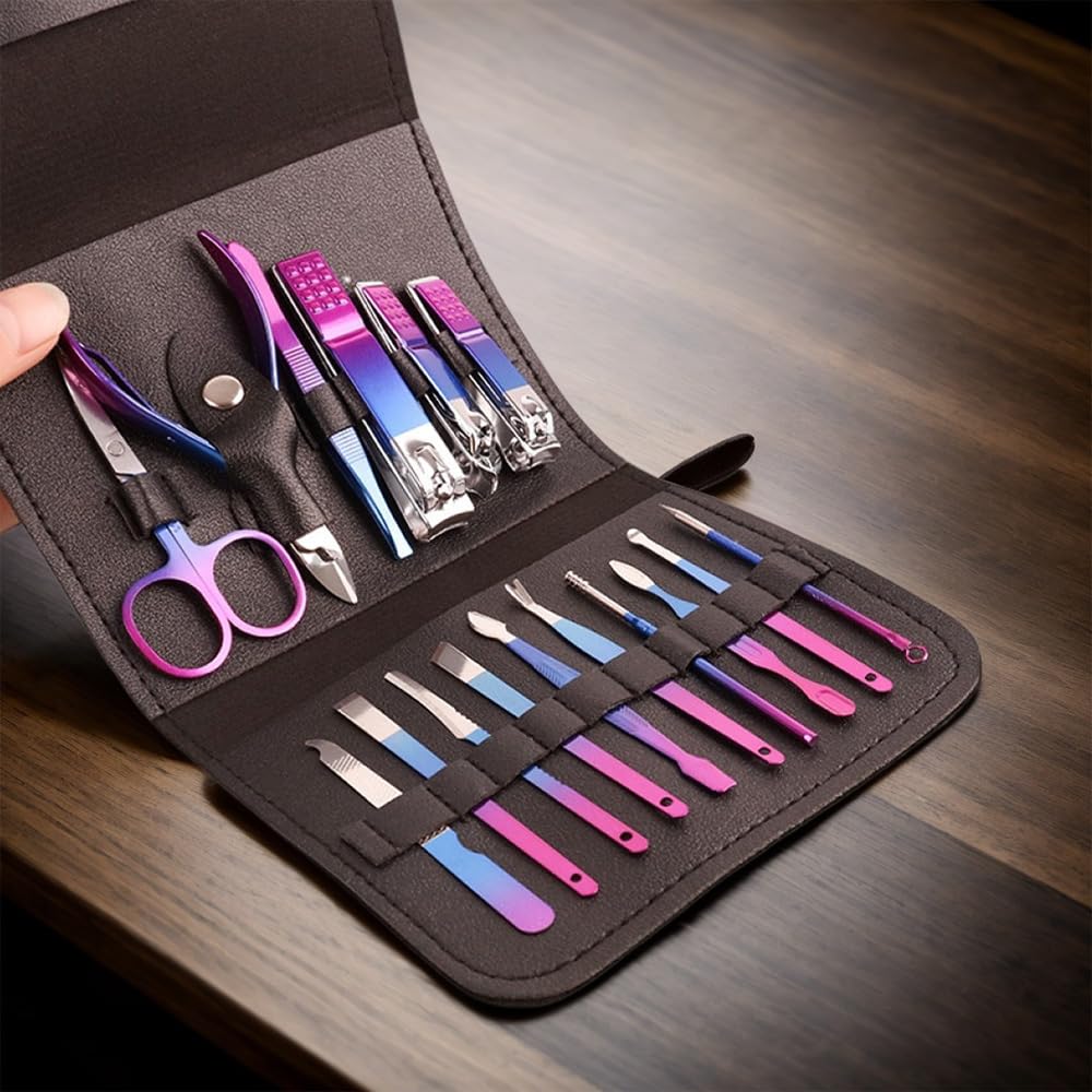 Full layout of the sixteen stainless steel facial and nail care tools separated by functionality