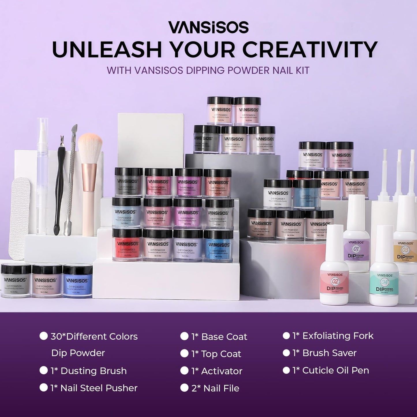 VANSISOS thirty color dipping powder starter set bottles neatly arranged with top and base coats
