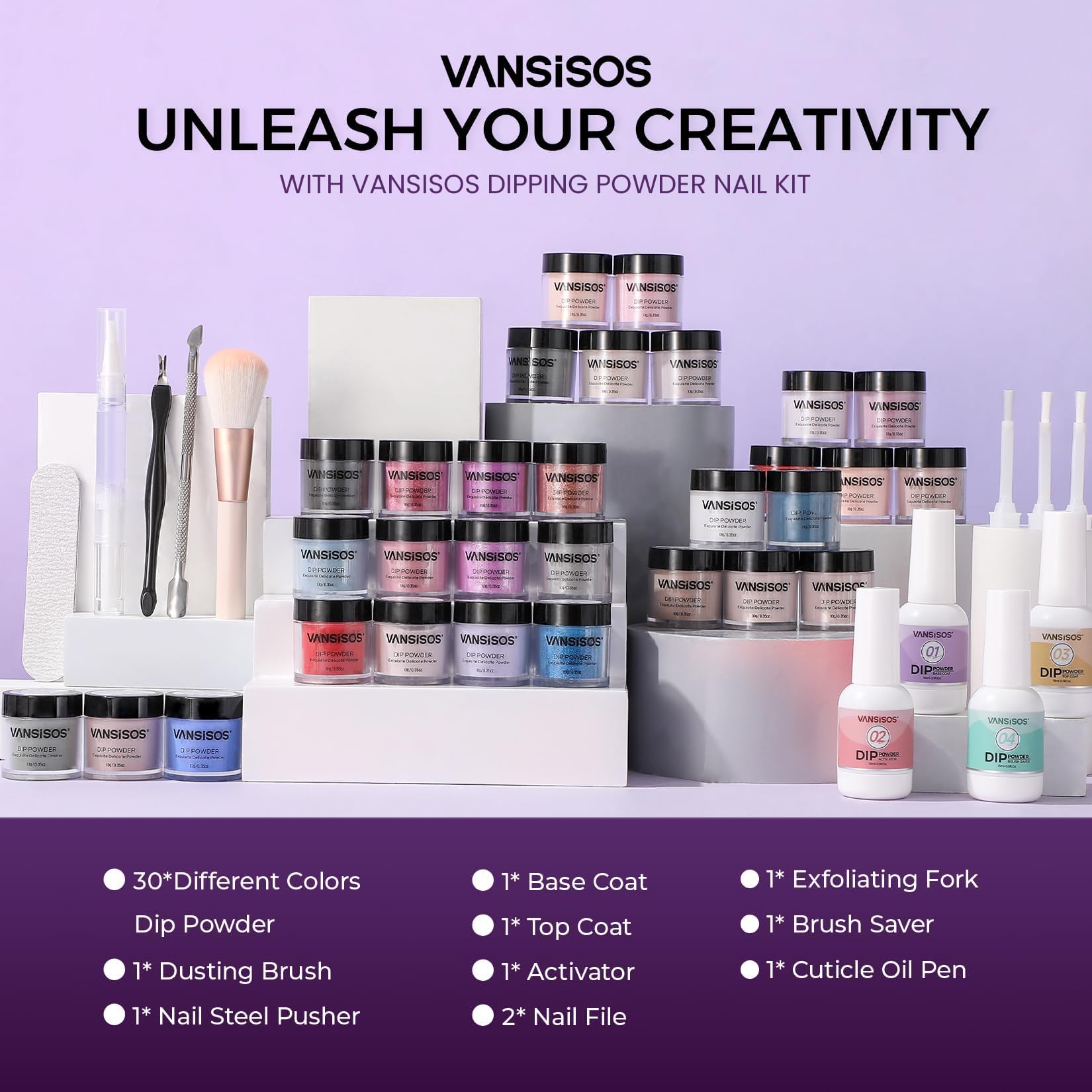 VANSISOS thirty color dipping powder starter set bottles neatly arranged with top and base coats