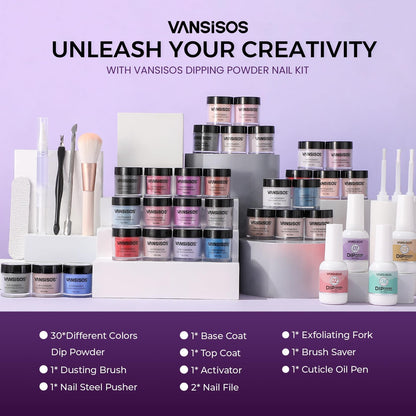 VANSISOS thirty color dipping powder starter set bottles neatly arranged with top and base coats