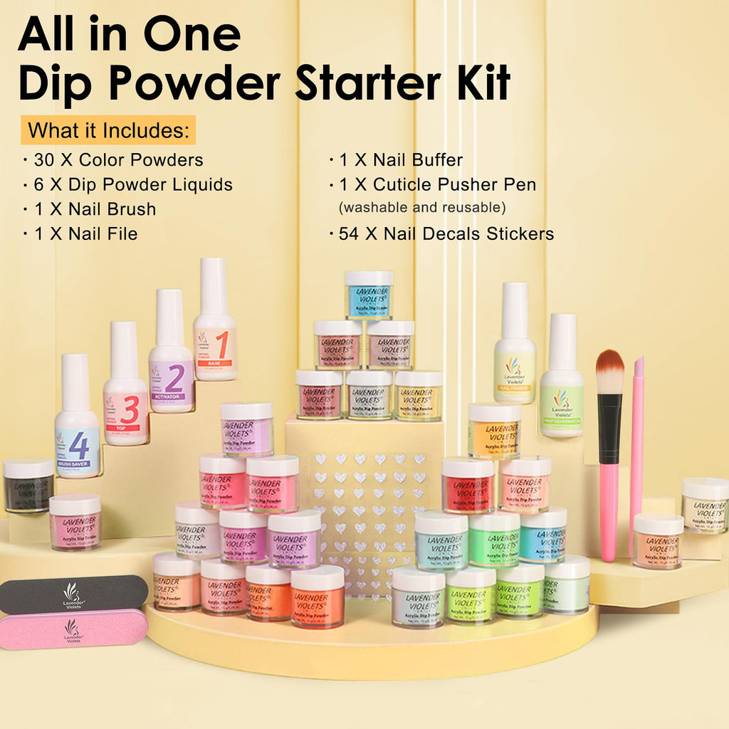 Complete 94 piece acrylic nail art package laid out for display