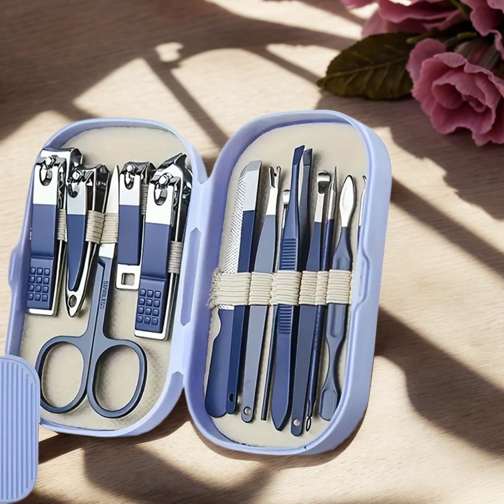 Compact and lightweight green portable storage case for the Axury fourteen piece unisex pedicure kit shown closed.