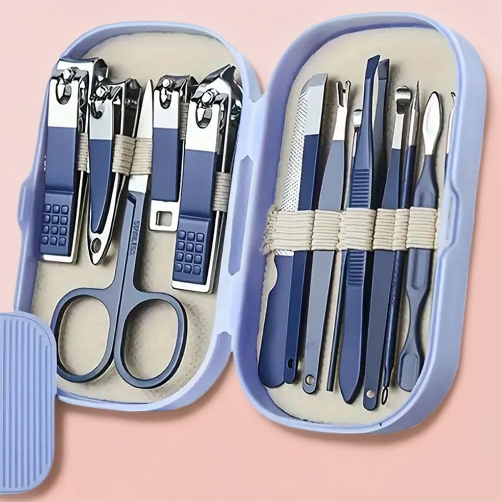 Full layout of the fourteen individual grooming instruments for hands feet and face included in the Axury beauty set.