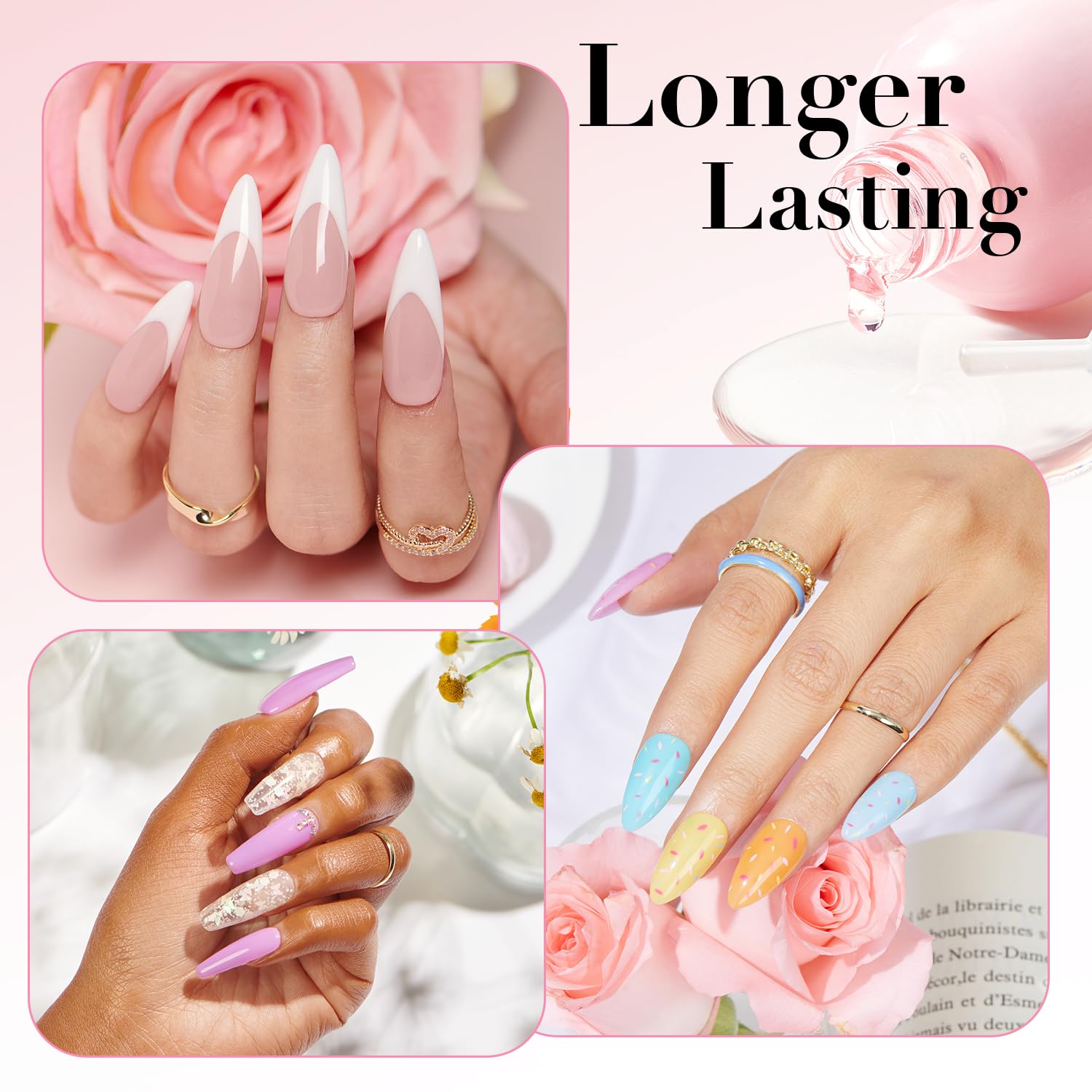 Side angle shot of the complete four piece USA imported dipping essential liquid collection for lamp free nail art application.