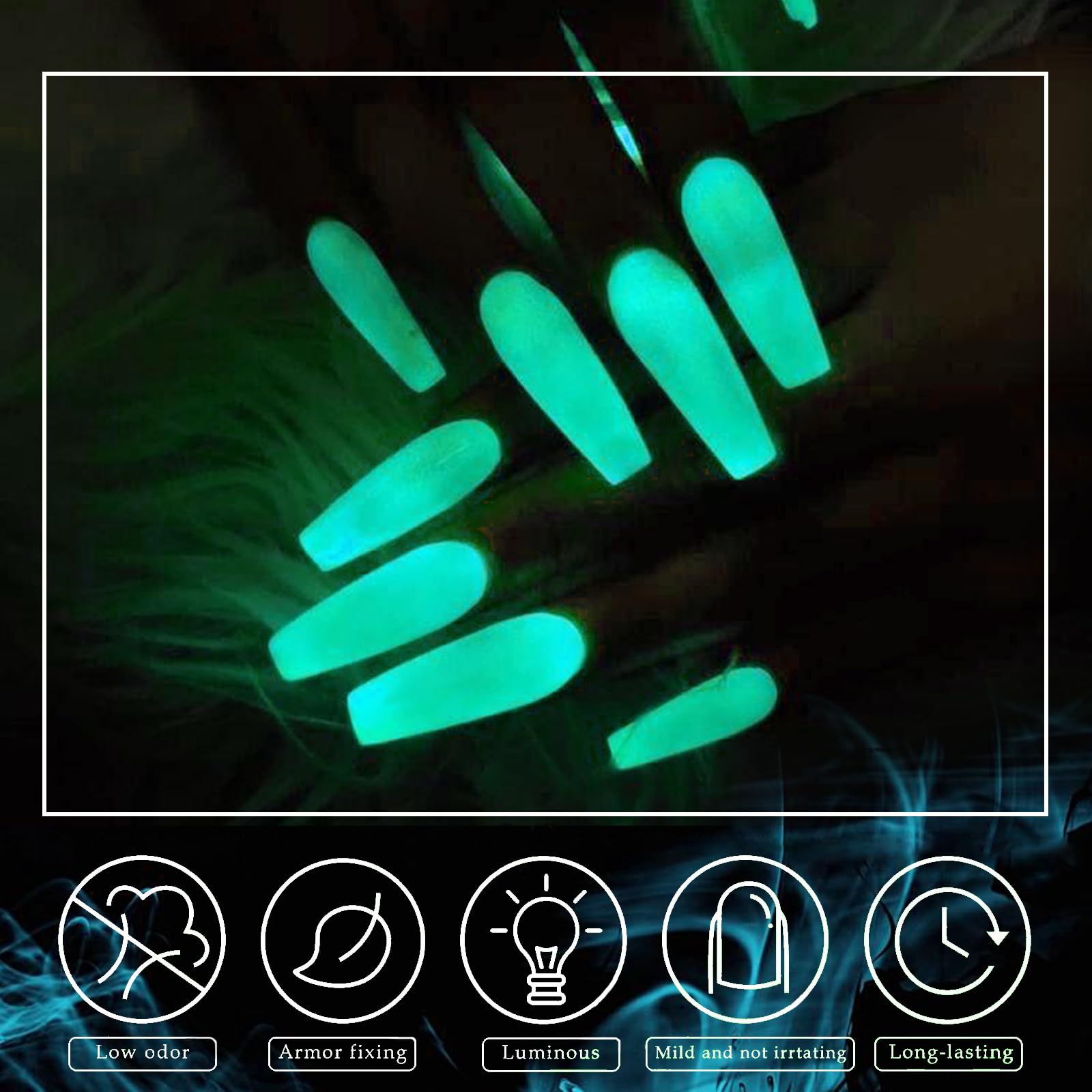 Fluorescent dipping nail powder collection glowing brightly in a dark room setting