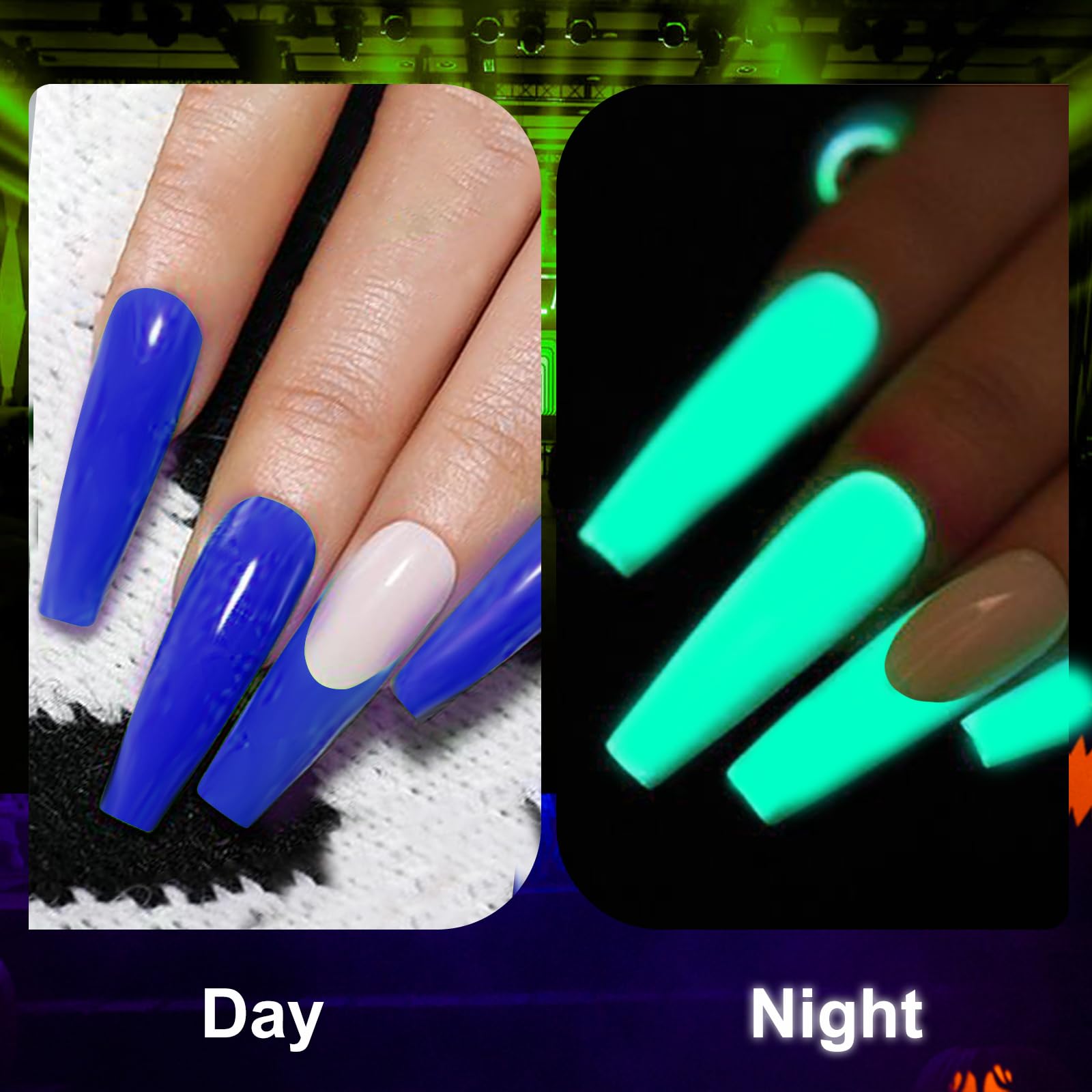 Long lasting radium nail art design using neon fluorescent acrylic powder
