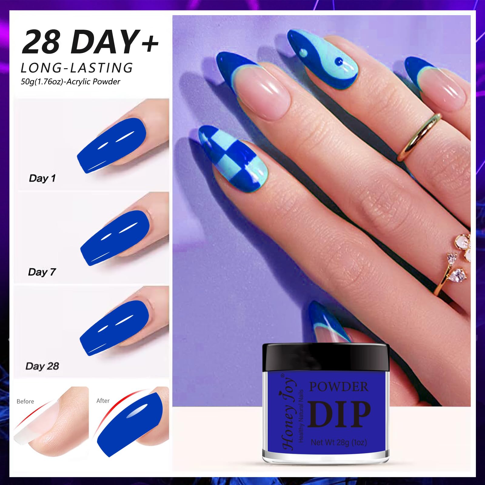 Manicure showcasing the vibrant day to night transition of fluorescent neon nail art